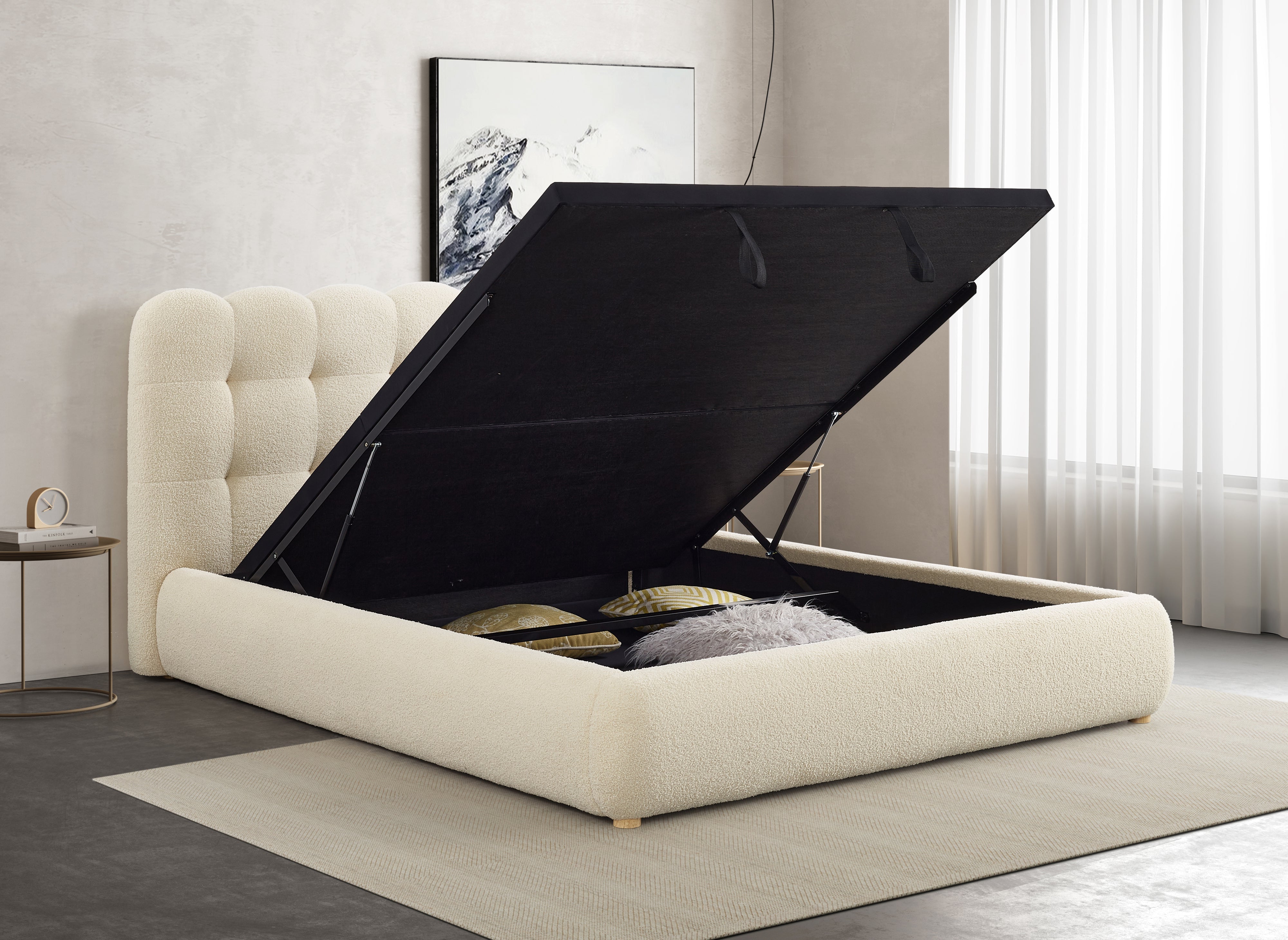 Bett mit Stauraum aus beigem Frottee 140x190 cm BISCUIT