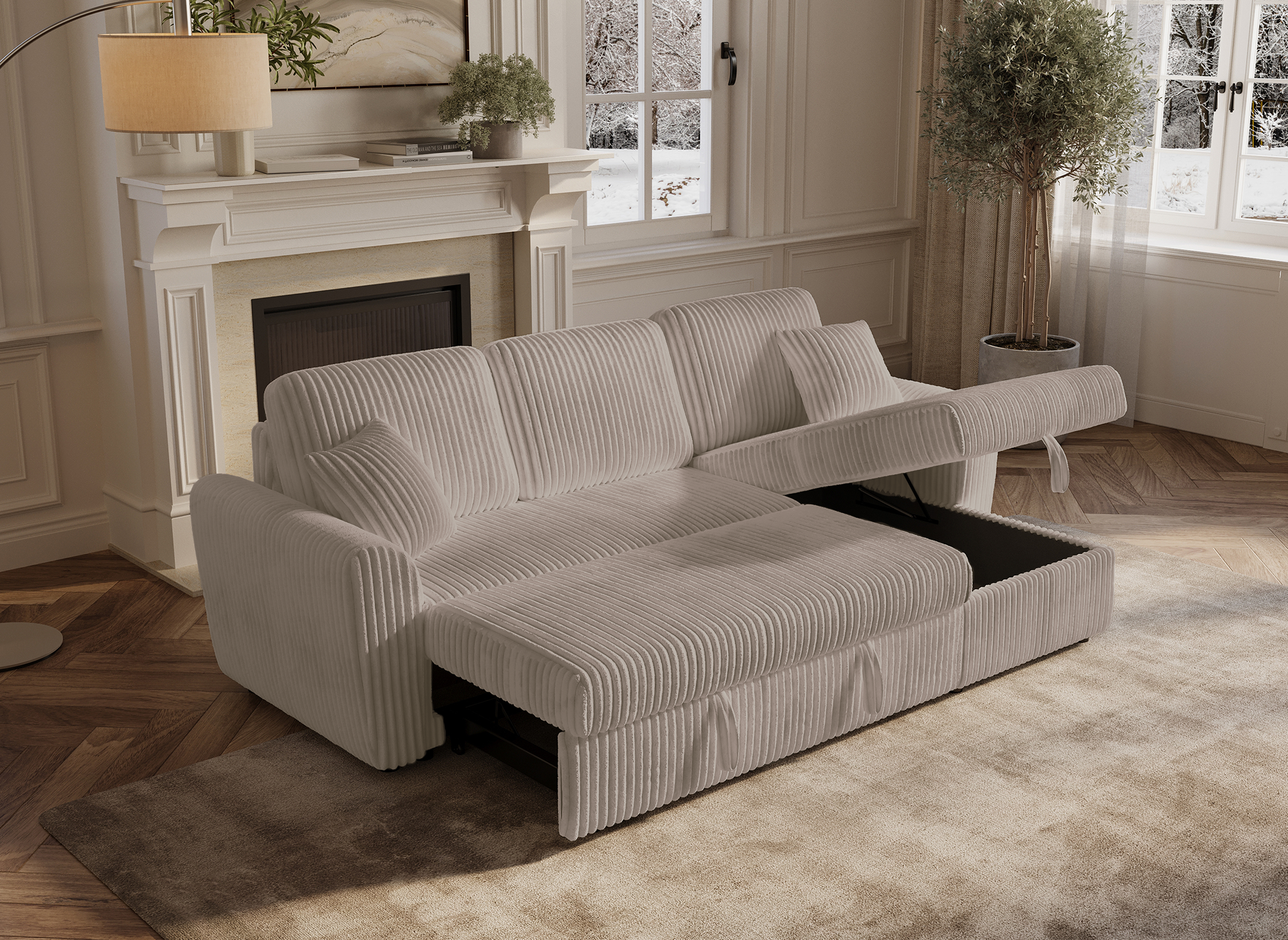 ADRYEN umwandelbares und wendbares Ecksofa mit Stauraum aus dickem Taupe-Cord