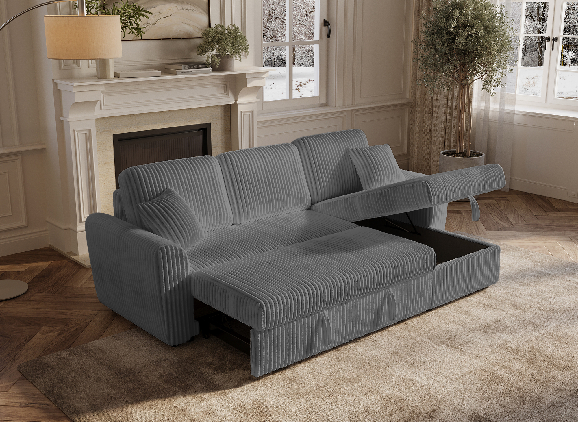 ADRYEN Ecksofa aus dickem grauem Cord mit Stauraum, umwandelbar und wendbar