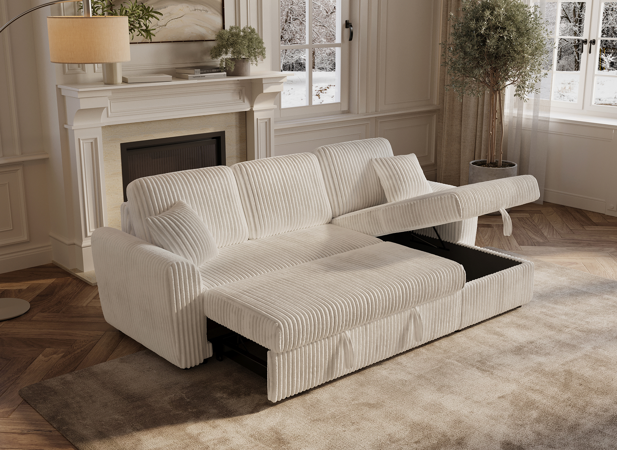 ADRYEN umwandelbares und wendbares Ecksofa mit Stauraum aus dickem, beigem Cord