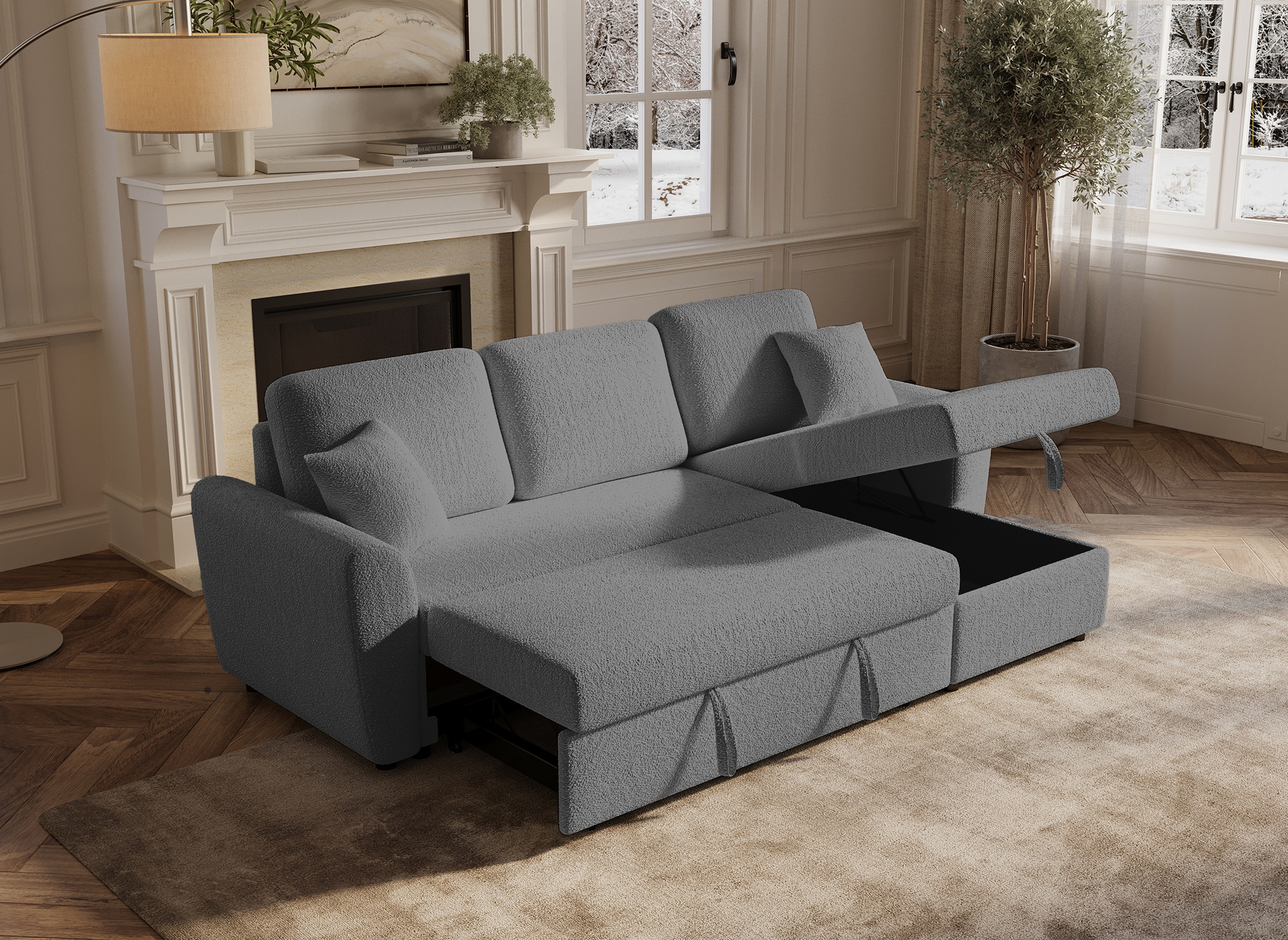 ADRYEN Ecksofa aus grauem Frottee mit Stauraum