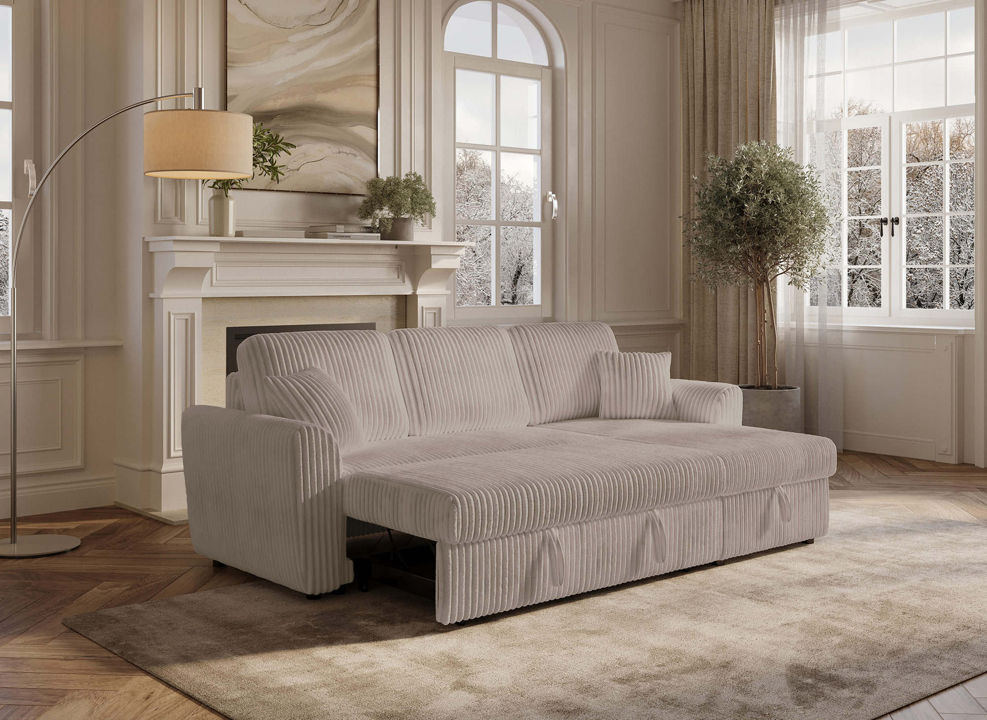 ADRYEN umwandelbares und wendbares Ecksofa mit Stauraum aus dickem Taupe-Cord
