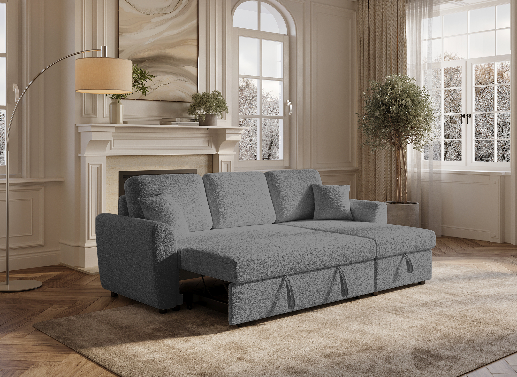 ADRYEN Ecksofa aus grauem Frottee mit Stauraum
