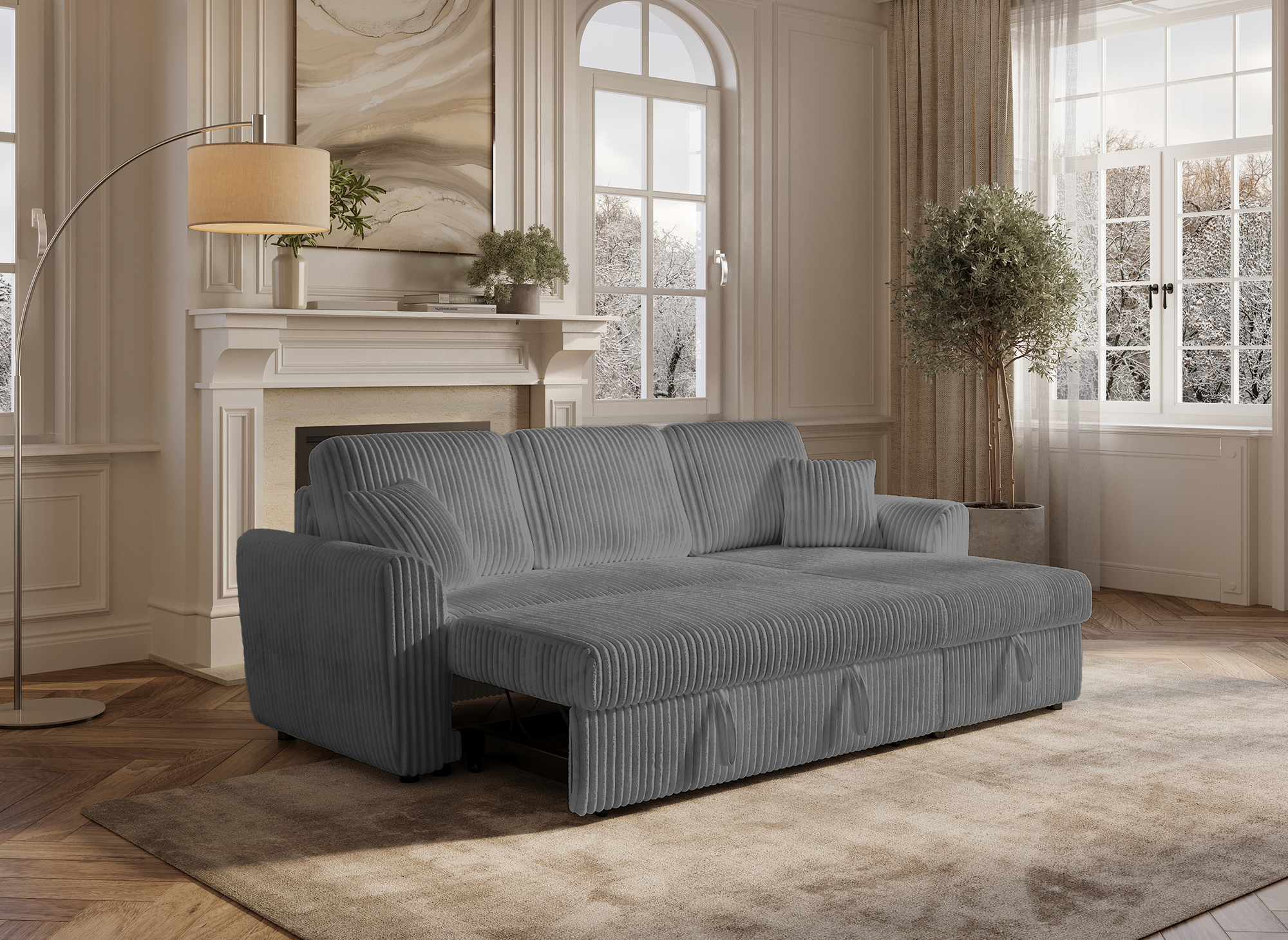 ADRYEN Ecksofa aus dickem grauem Cord mit Stauraum, umwandelbar und wendbar
