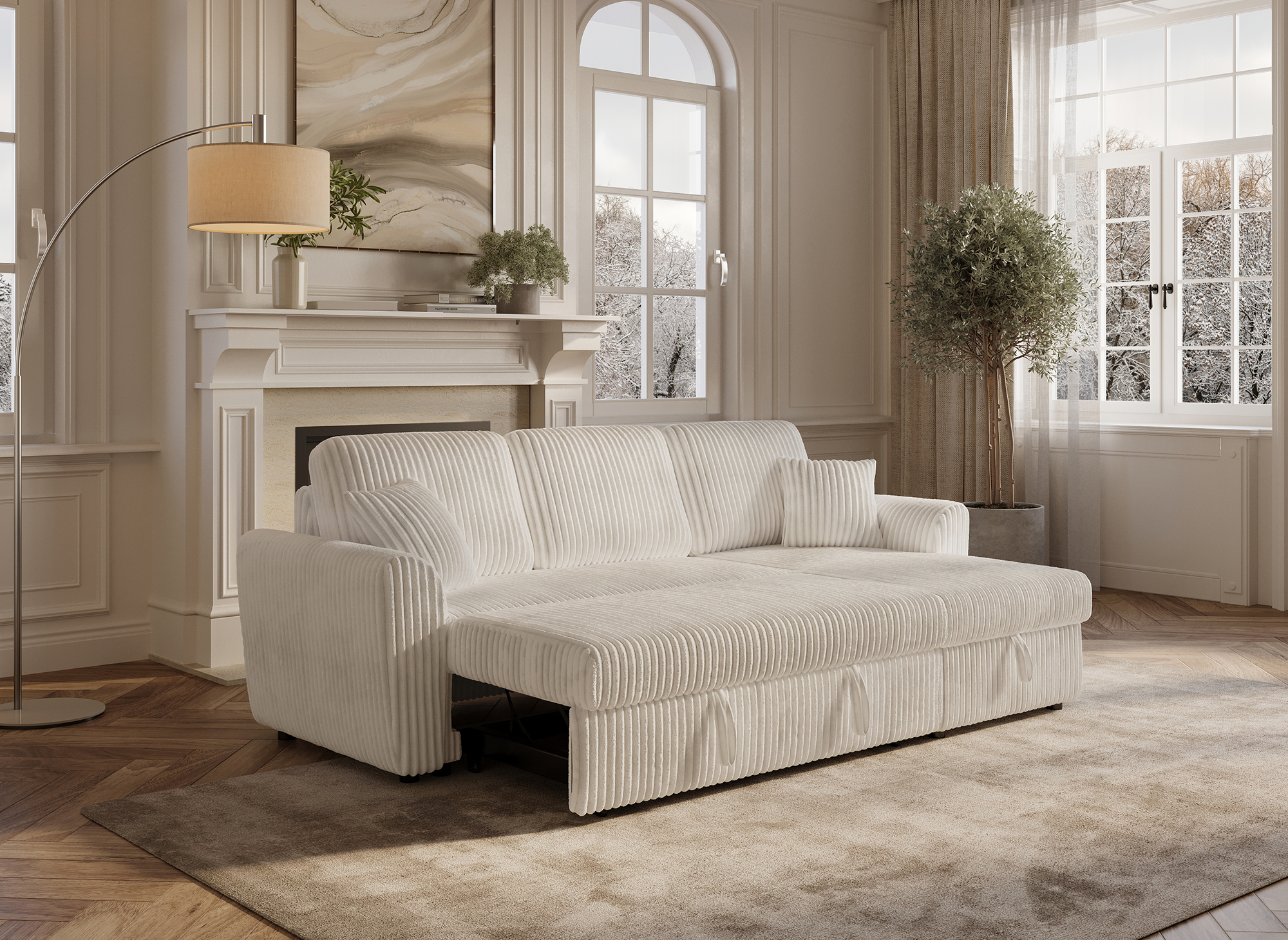 ADRYEN umwandelbares und wendbares Ecksofa mit Stauraum aus dickem, beigem Cord