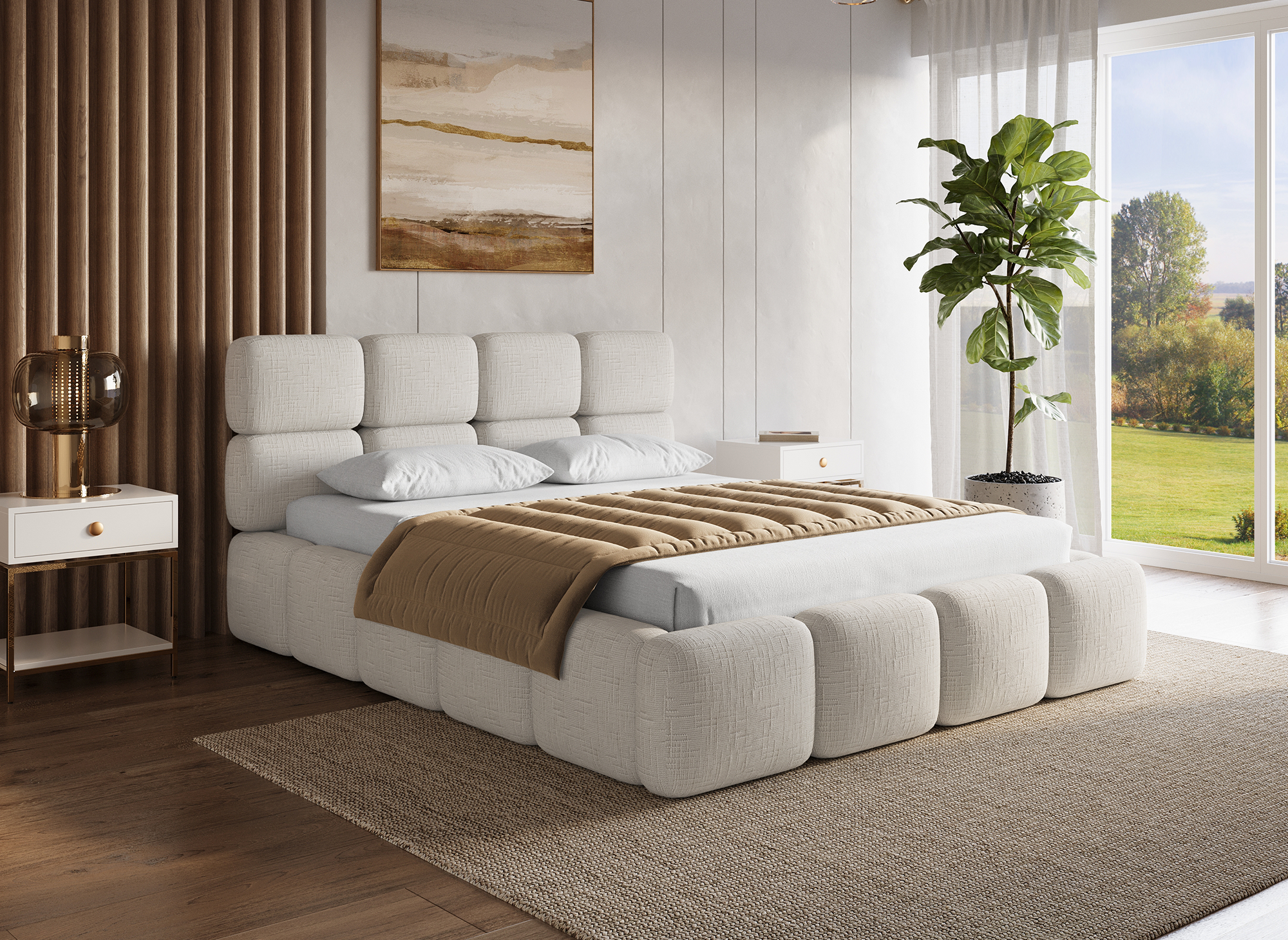 BUBBLE Bett mit Stauraum, beige melierter Samt, 140 x 190 cm