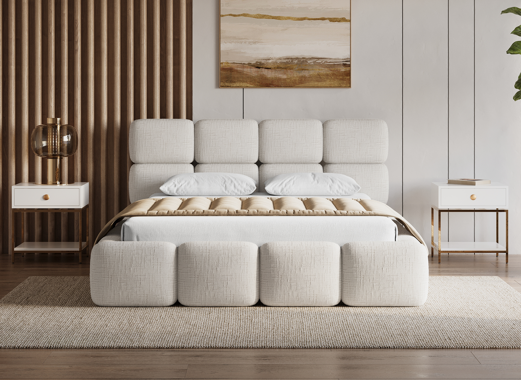 BUBBLE Bett mit Stauraum, beige melierter Samt, 160 x 200 cm