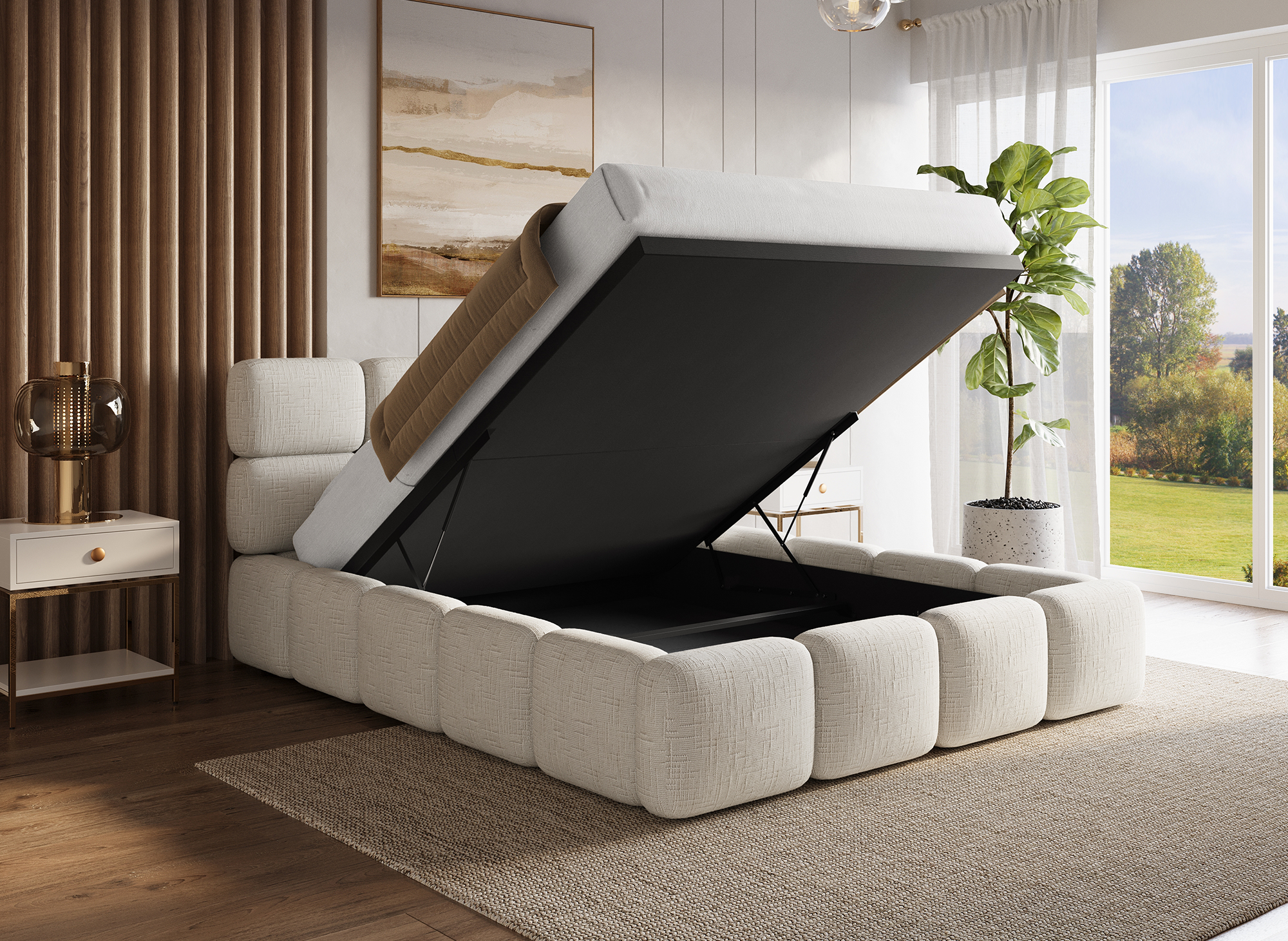 BUBBLE Bett mit Stauraum, beige melierter Samt, 140 x 190 cm