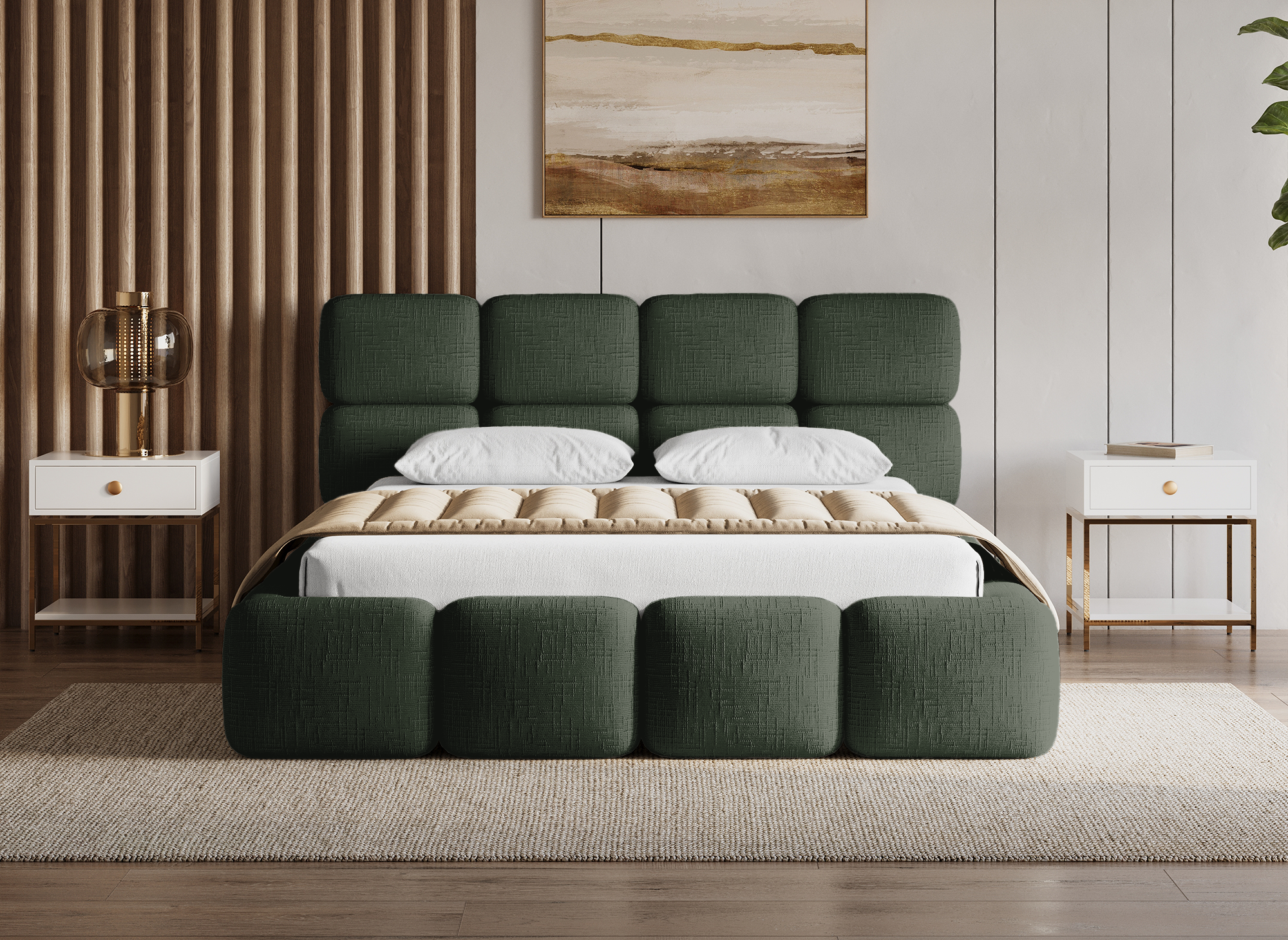 BUBBLE olivgrün meliertes Samtbett mit Stauraum 140x190 cm