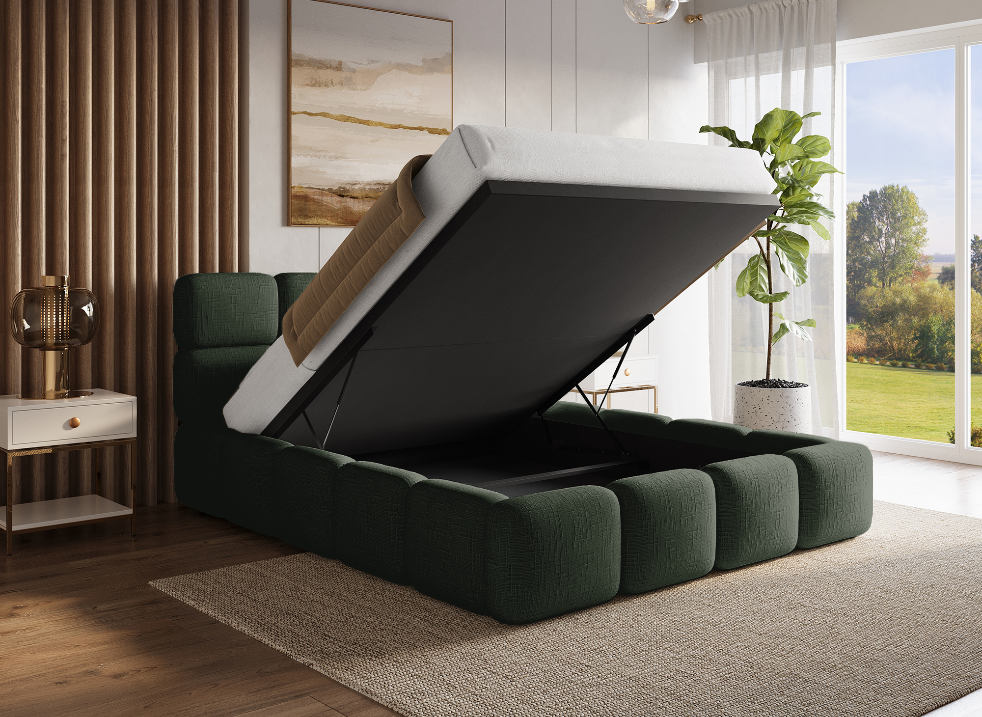 BUBBLE olivgrün meliertes Samtbett mit Stauraum 160x200 cm