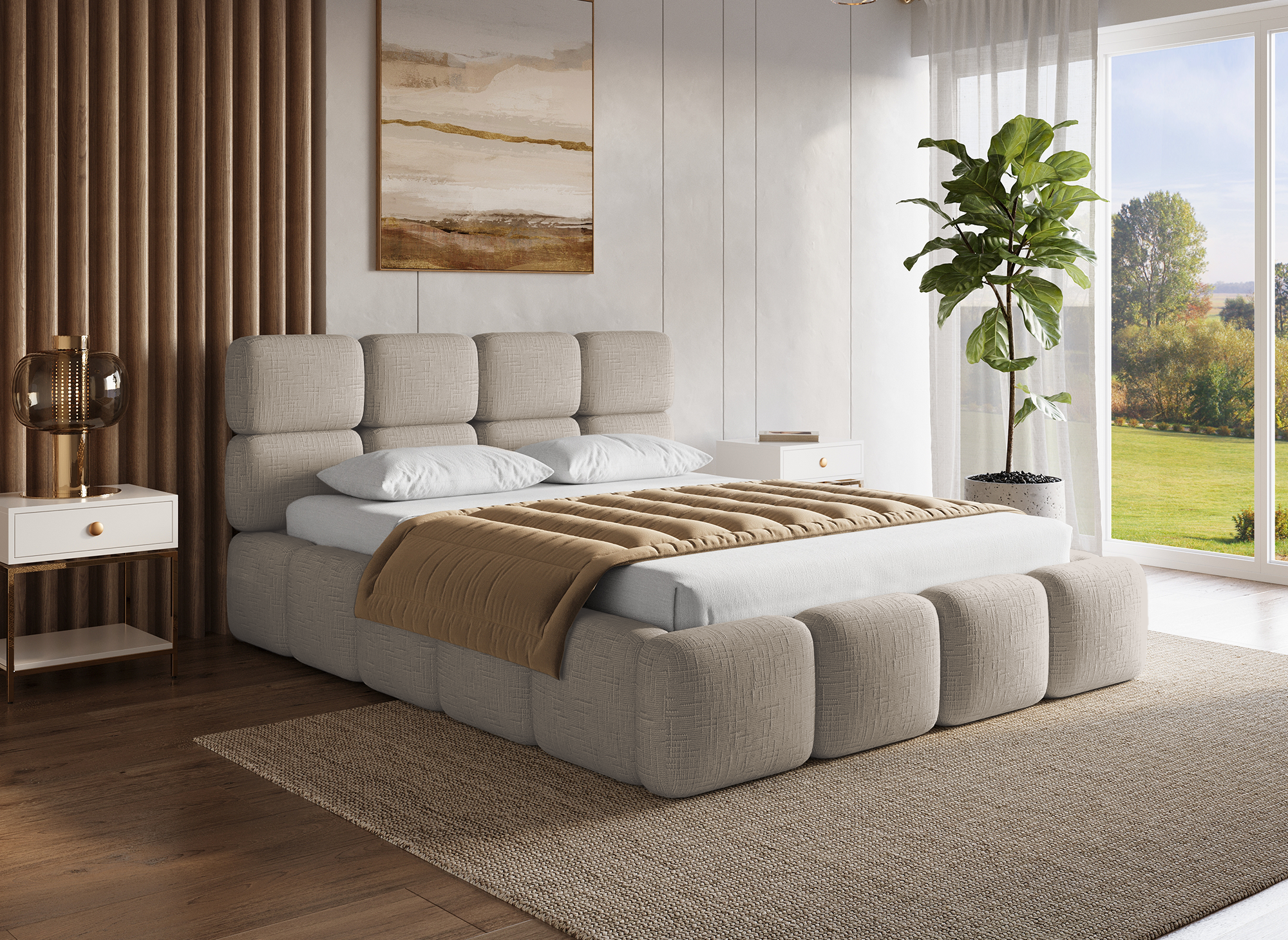 BUBBLE Bett mit Stauraum aus taupefarbenem Samt, 140 x 190 cm
