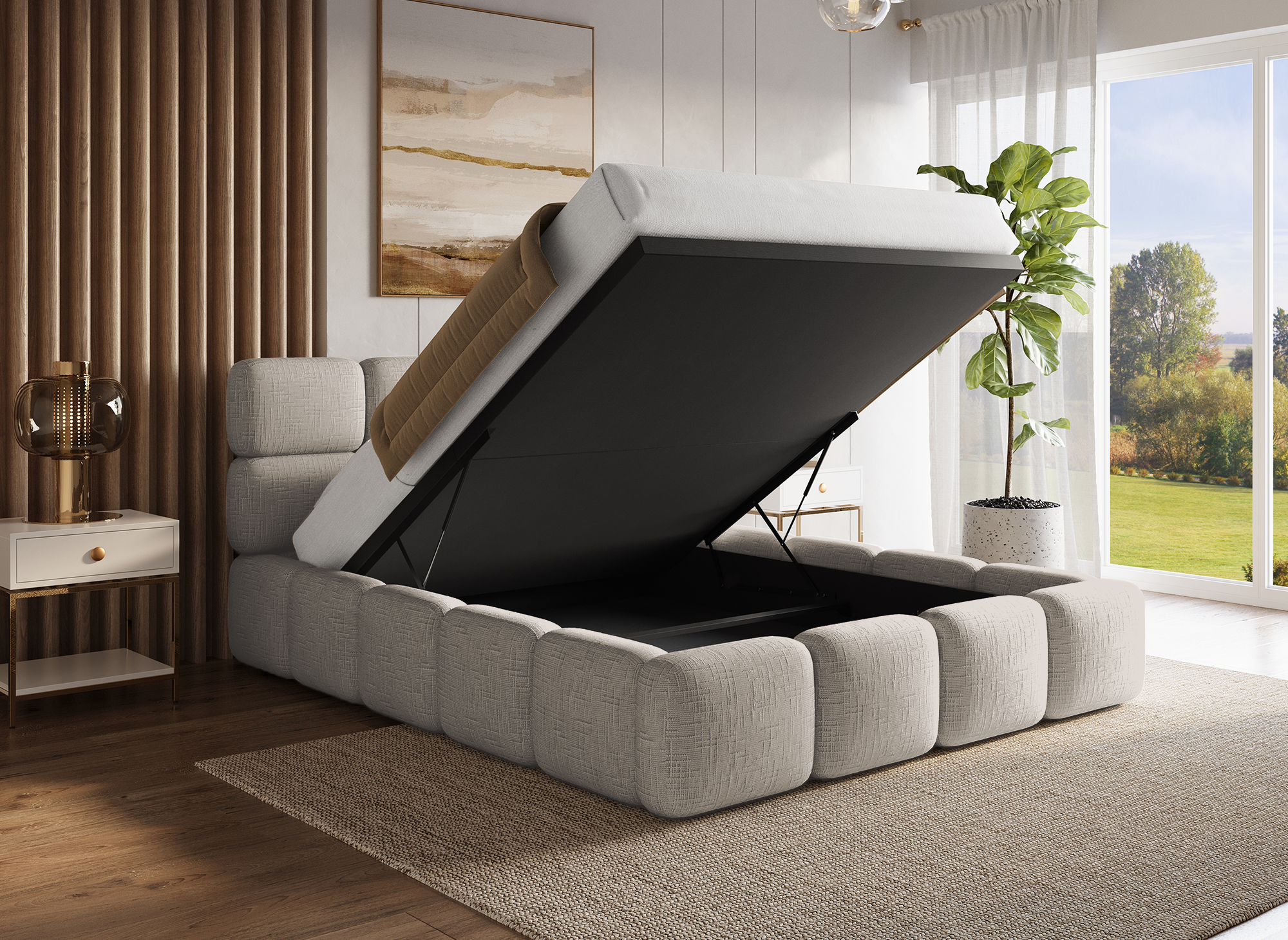 BUBBLE Bett mit Stauraum aus taupefarbenem Samt, 140 x 190 cm