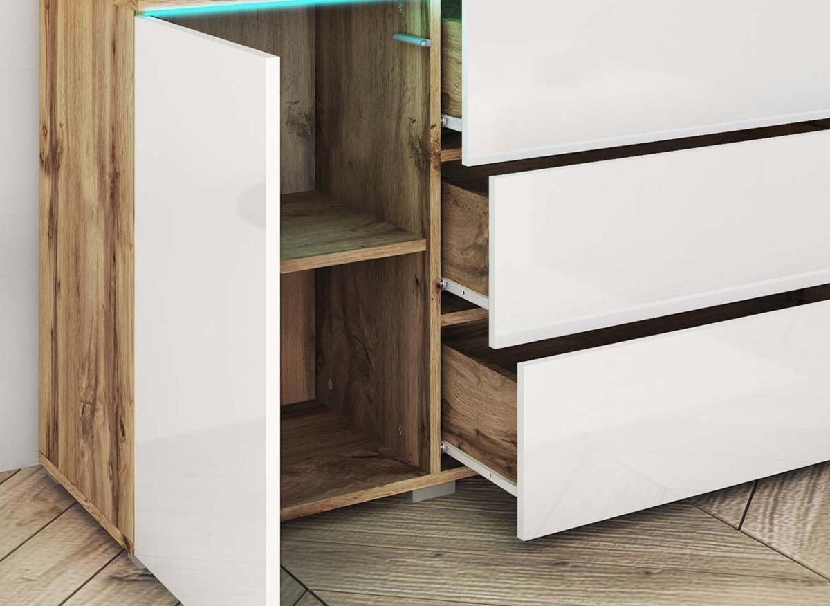 Buffet commode 2 portes 3 tiroirs chêne et blanc avec LED - ALEXIA - DécoInParis