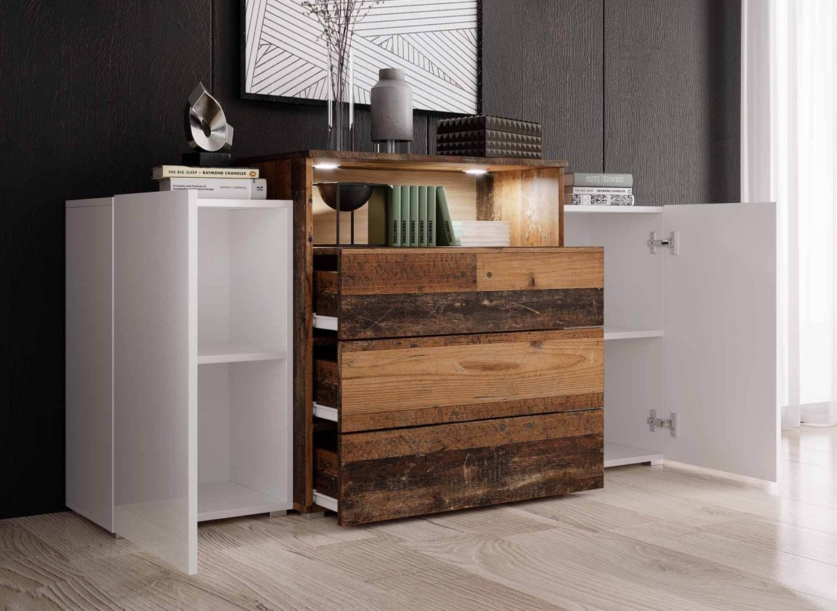 Buffet commodes 2 portes 3 tiroirs blanc et chêne vieilli avec LED - MARCEL - DécoInParis