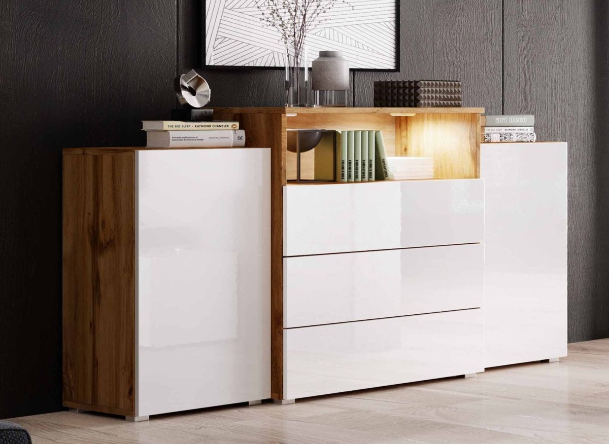 Buffet commodes 2 portes 3 tiroirs chêne et blanc avec LED - MARCEL - DécoInParis
