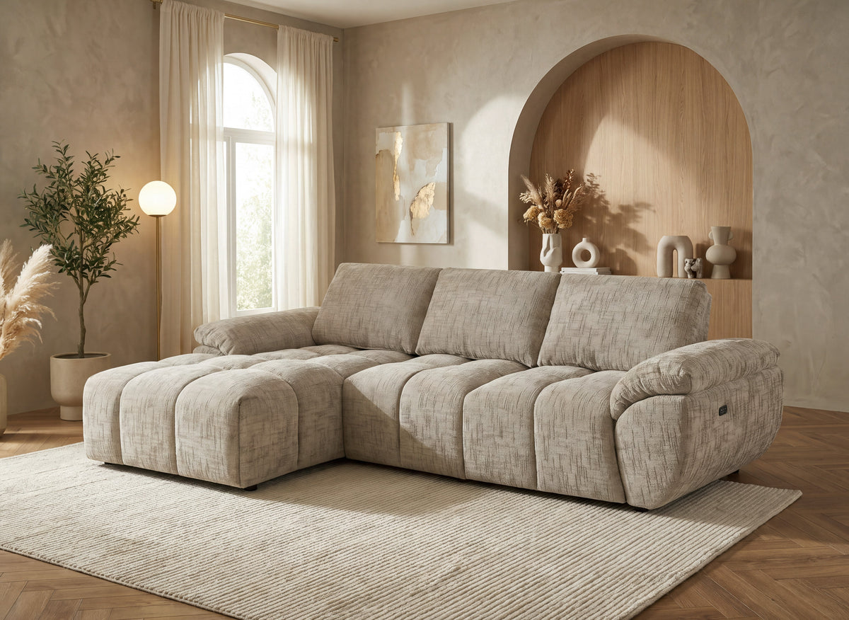 Canapé d’angle relax électrique en velours chiné taupe ALPES - Angle gauche