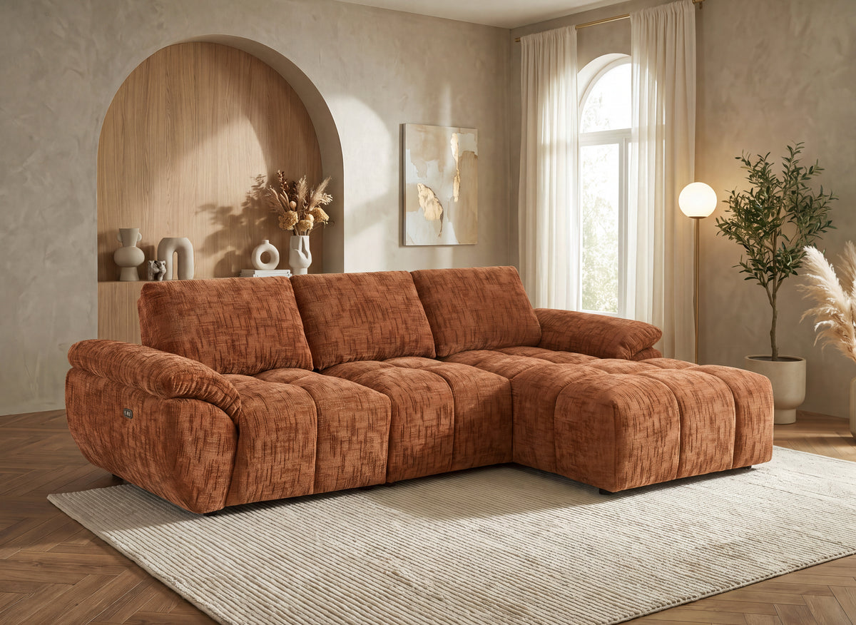 Canapé d’angle relax électrique en velours chiné terracotta ALPES - Angle droit