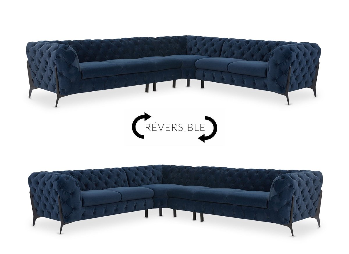 Canapé capitonné chesterfield d'angle réversible en velours bleu CARMEN - DécoInParis