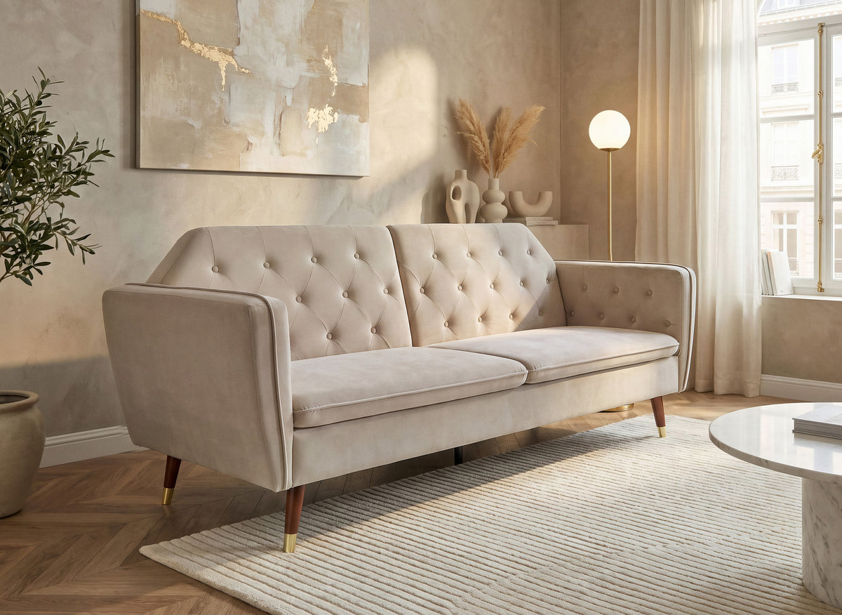 ARIANE 3-Sitzer-Schlafsofa aus beigem Samtstoff