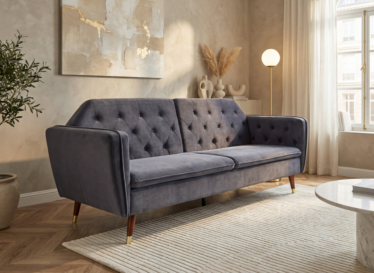 Ariane 3-Sitzer-Schlafsofa aus grauem Samtstoff