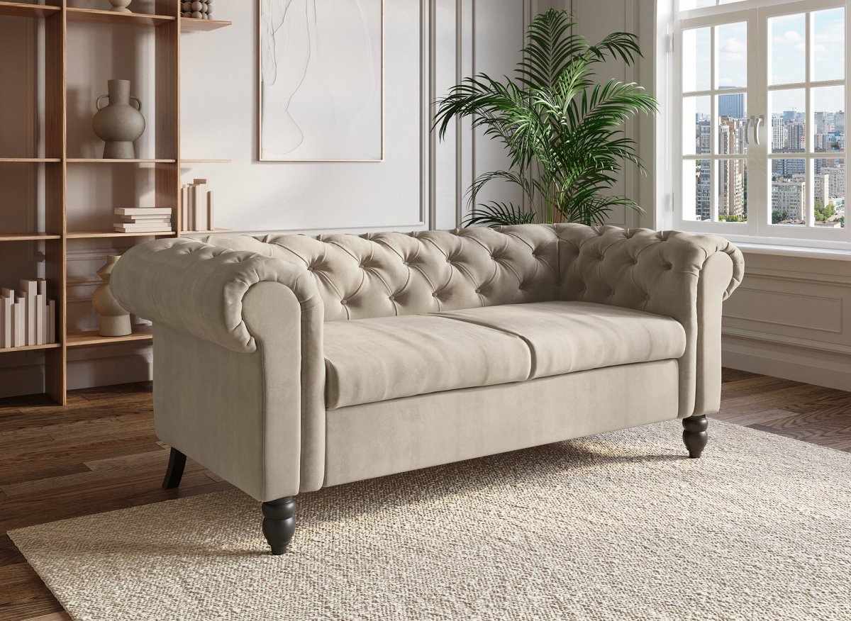 Canapé Chesterfield 2 places en velours beige WINSTON - DécoInParis