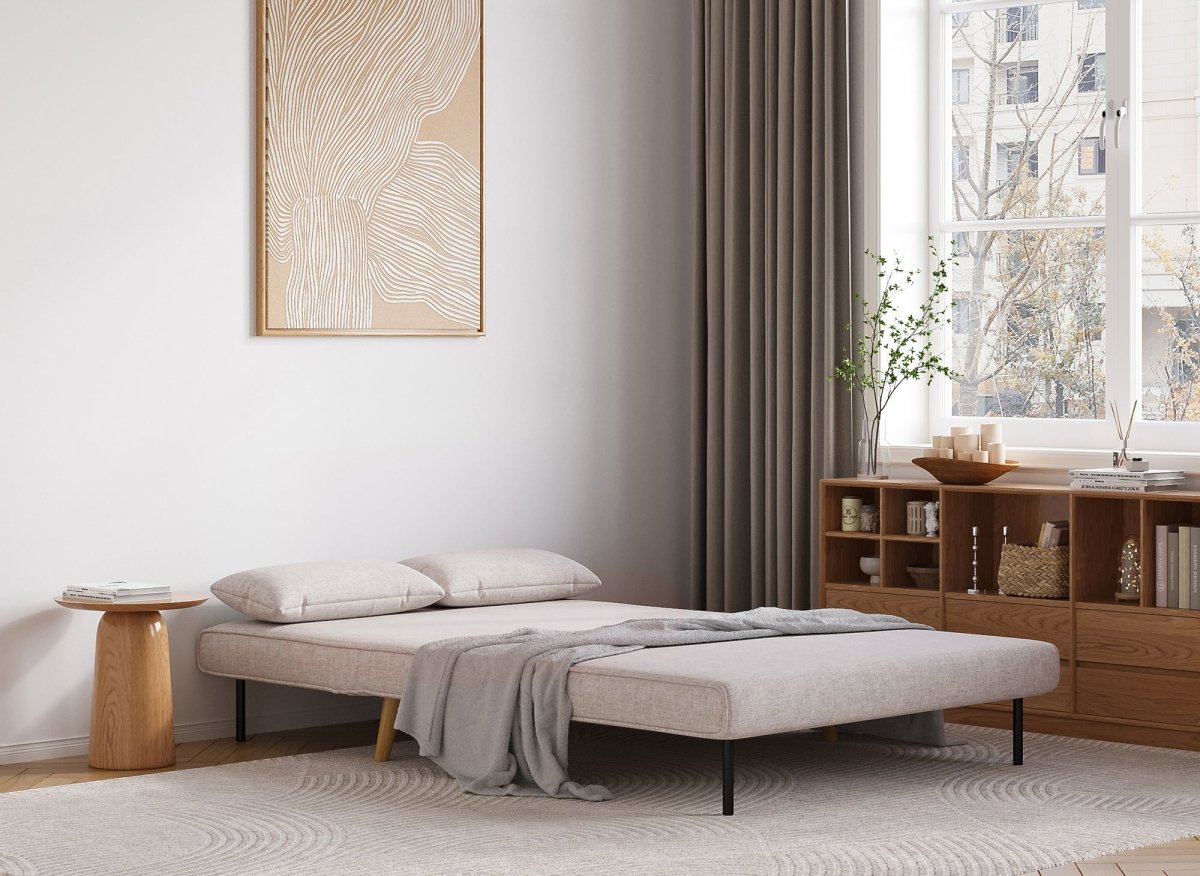 Canapé clic clac 2 places en tissu beige TONKA - DécoInParis