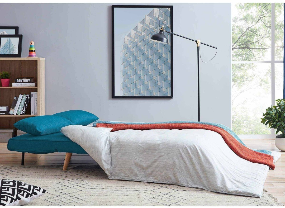 Canapé clic clac 2 places en tissu bleu TONKA - DécoInParis