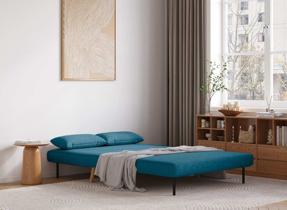 Canapé clic clac 2 places en tissu bleu TONKA - DécoInParis