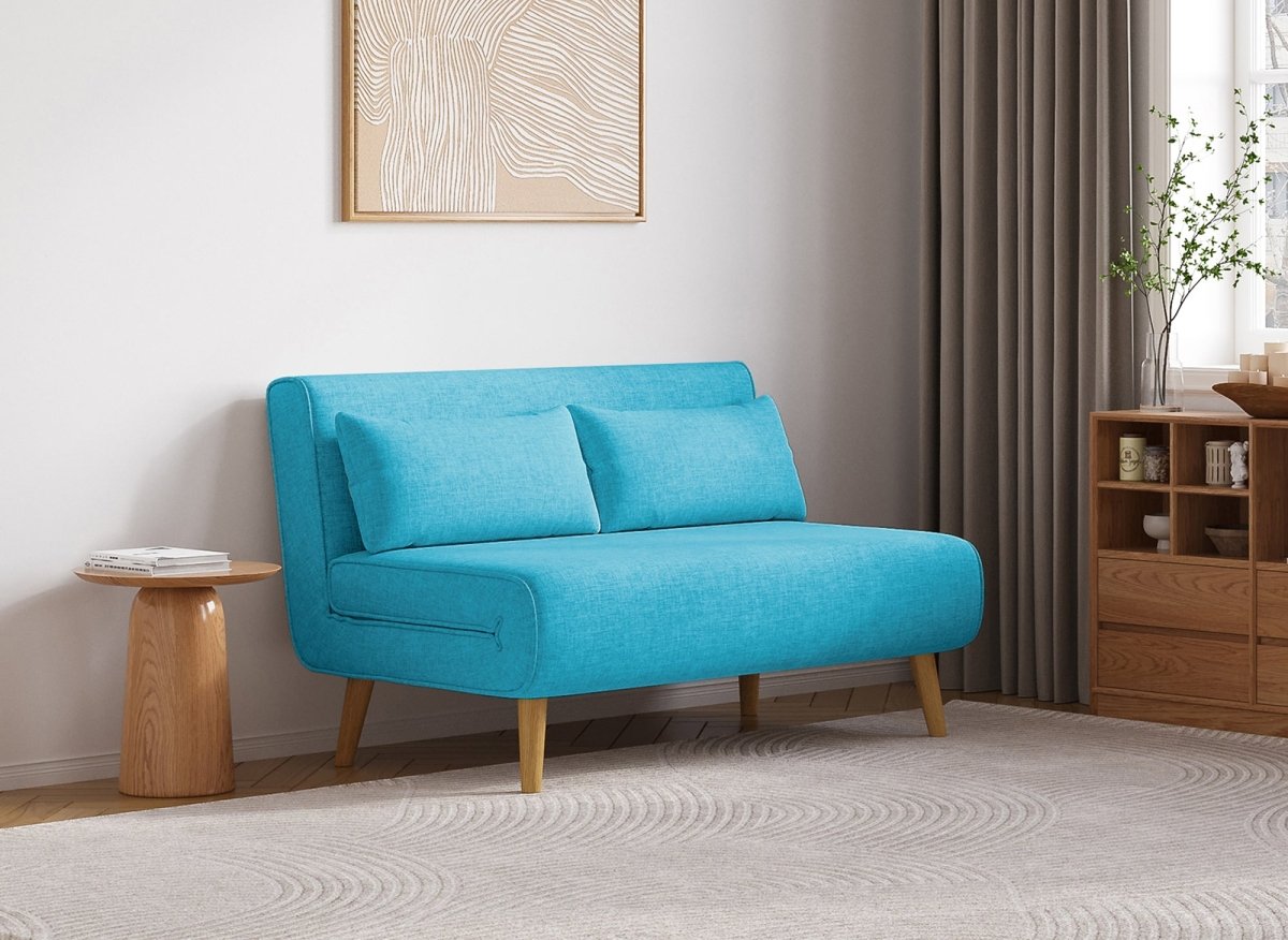 Canapé clic clac 2 places en tissu bleu turquoise TONKA - DécoInParis