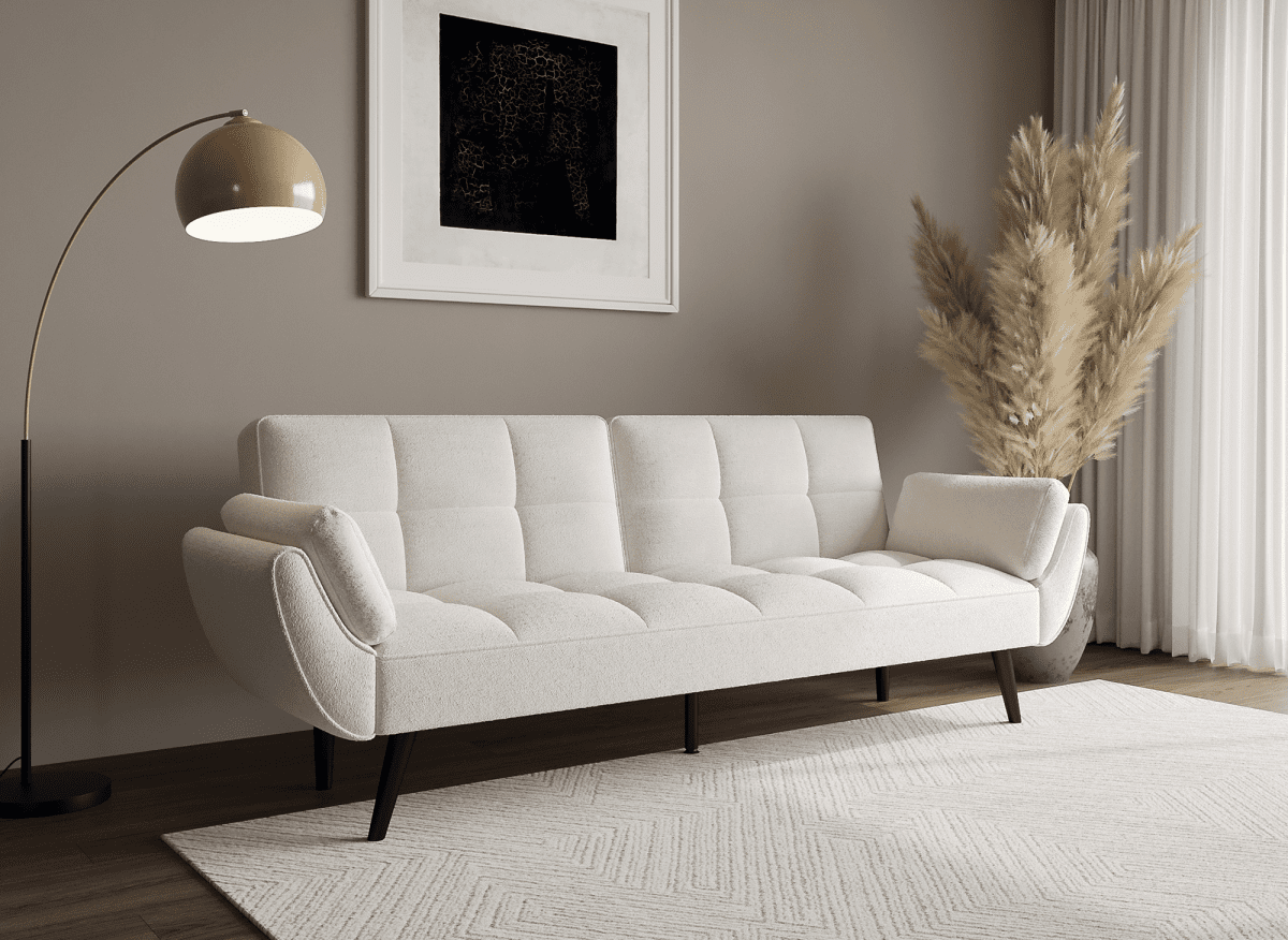 Canapé clic clac 3 places en tissu bouclette blanc écru NARA - DécoInParis