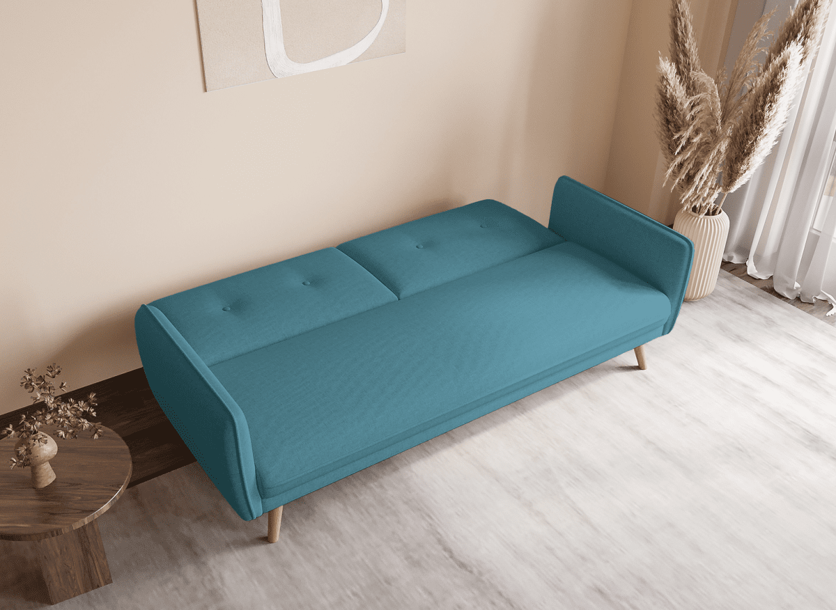 Canapé clic clac en tissu bleu avec pieds en bois NATAL - DécoInParis