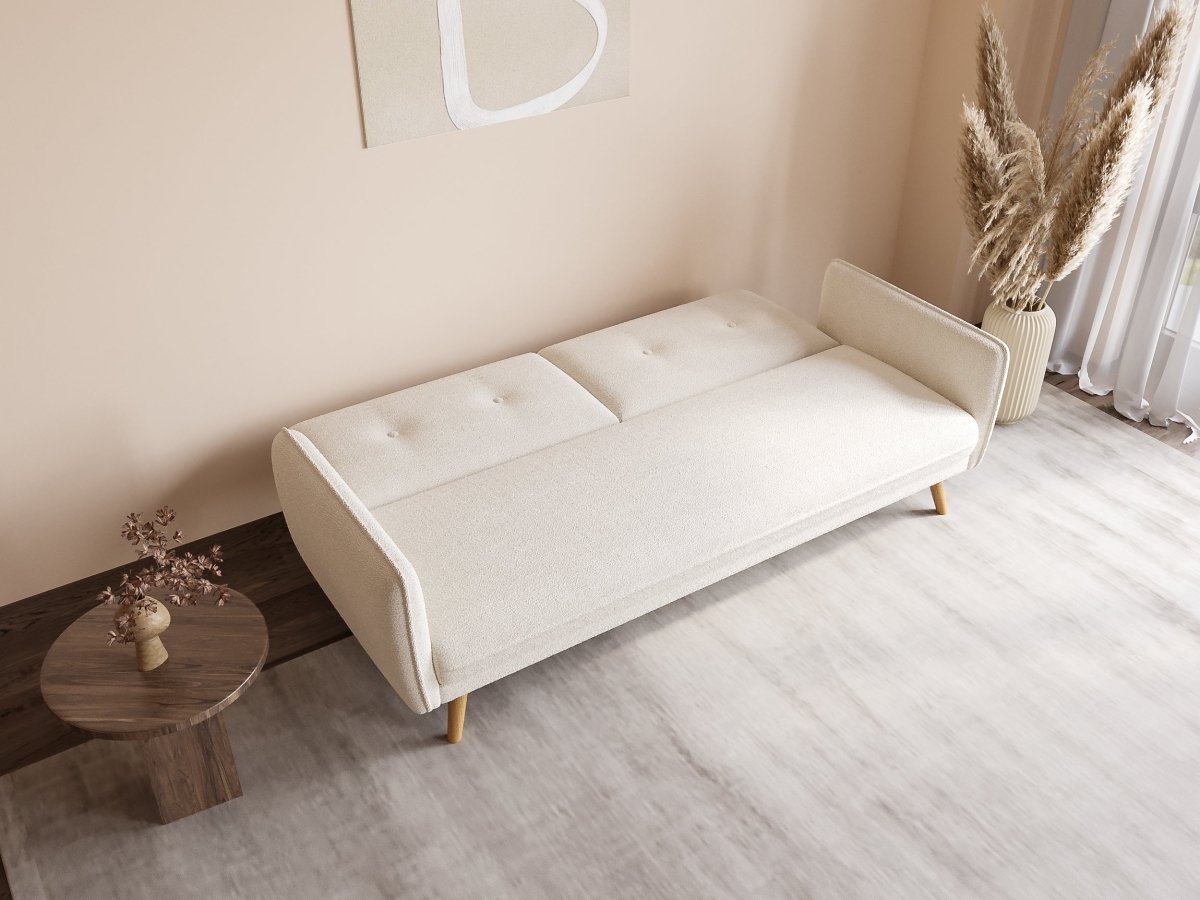 Canapé clic clac en tissu bouclette blanc écru avec pieds en bois NATAL - DécoInParis