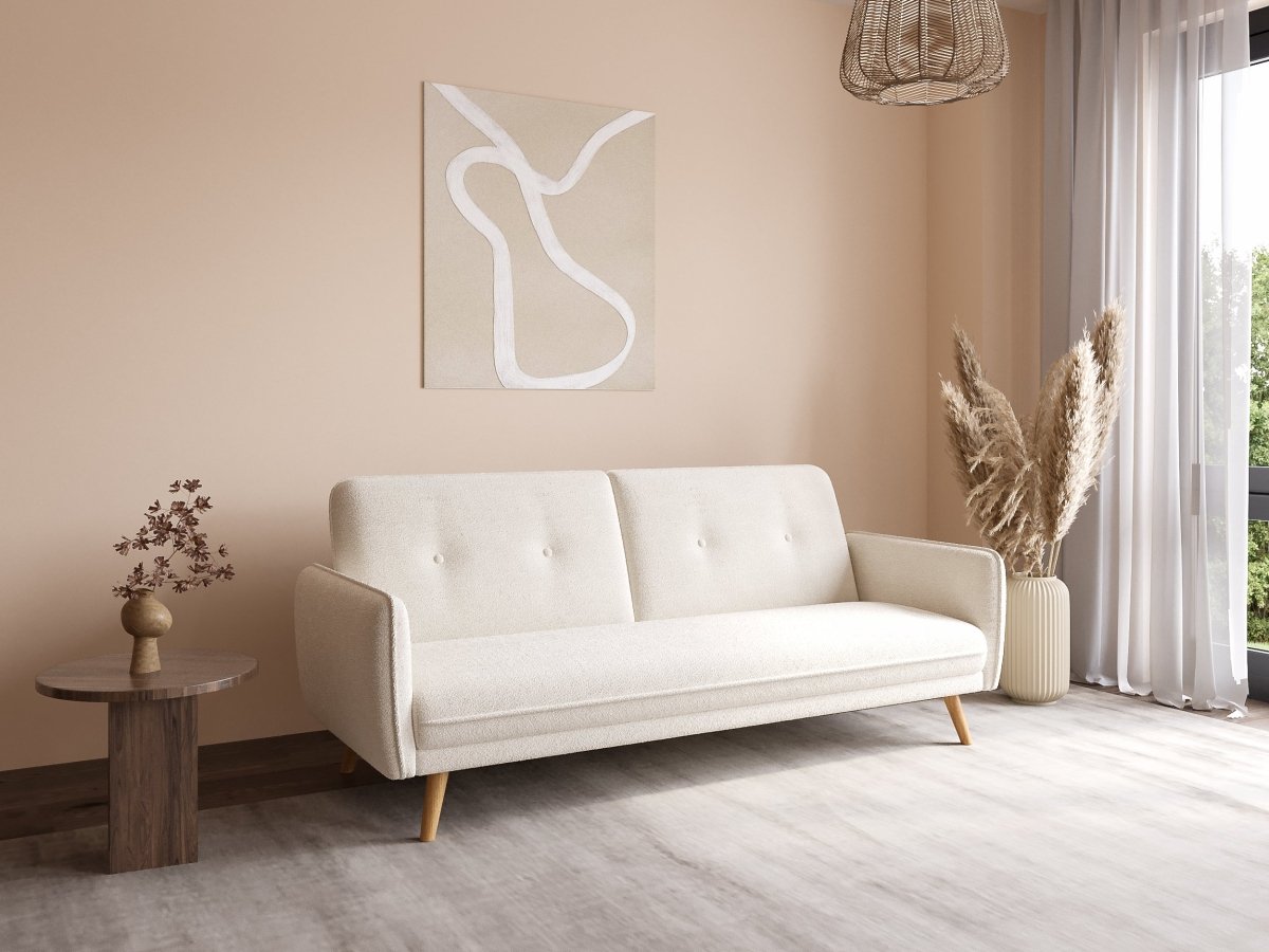 Canapé clic clac en tissu bouclette blanc écru avec pieds en bois NATAL - DécoInParis