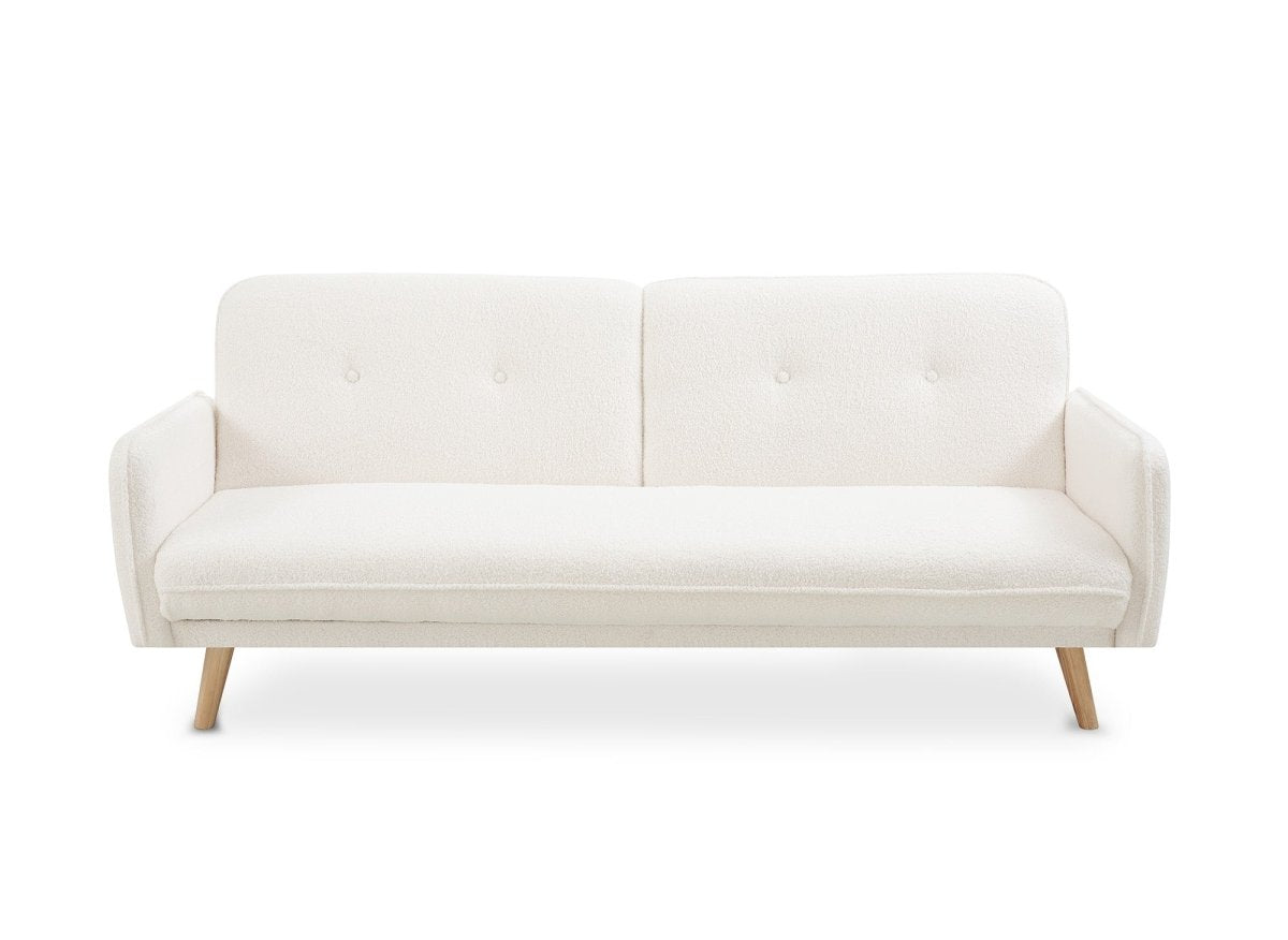 Canapé clic clac en tissu bouclette blanc écru avec pieds en bois NATAL - DécoInParis