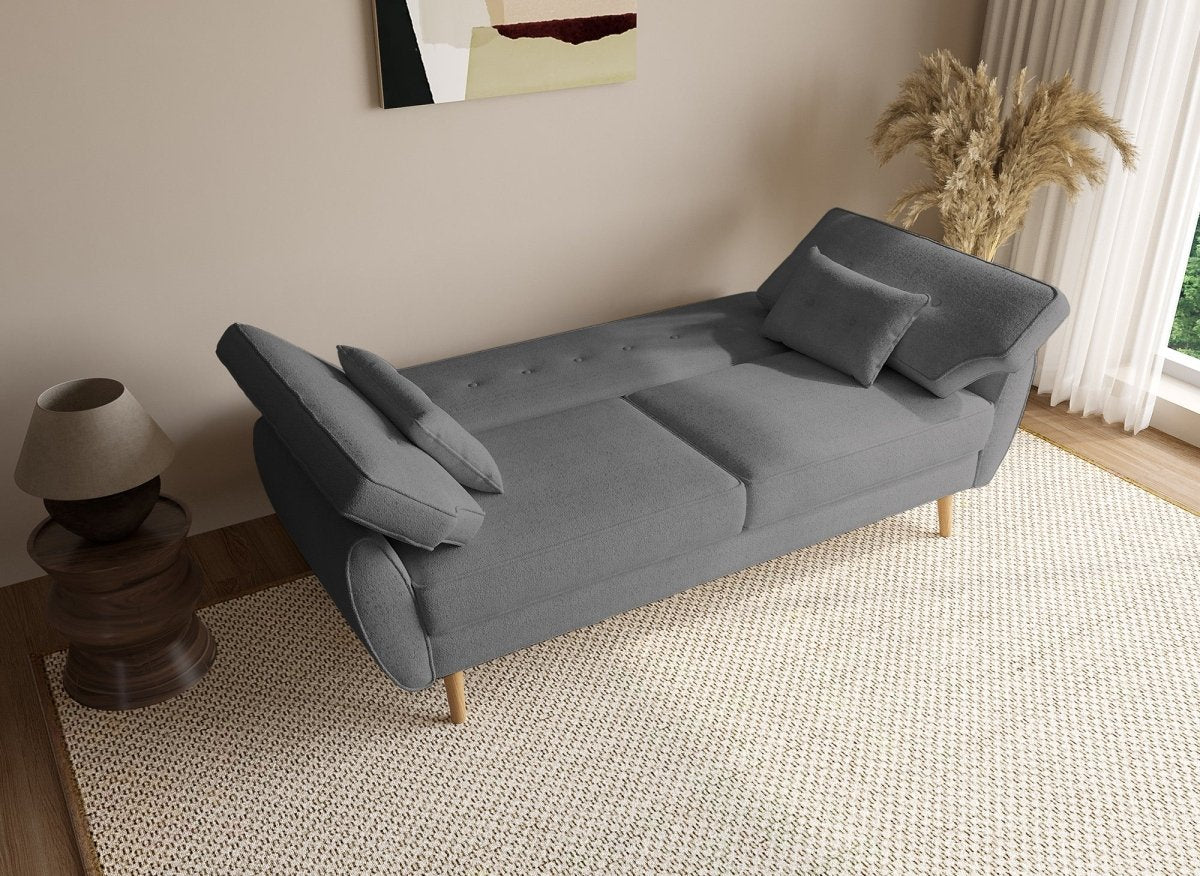 Canapé clic clac en tissu bouclette gris avec pieds en bois PANAMA - DécoInParis