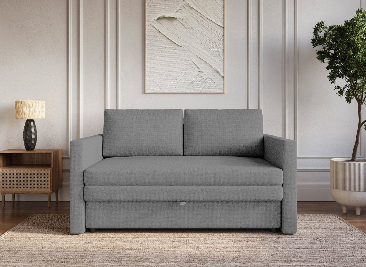 Canapé convertible 2 places avec coffre de rangement en tissu gris YERAZ - DécoInParis