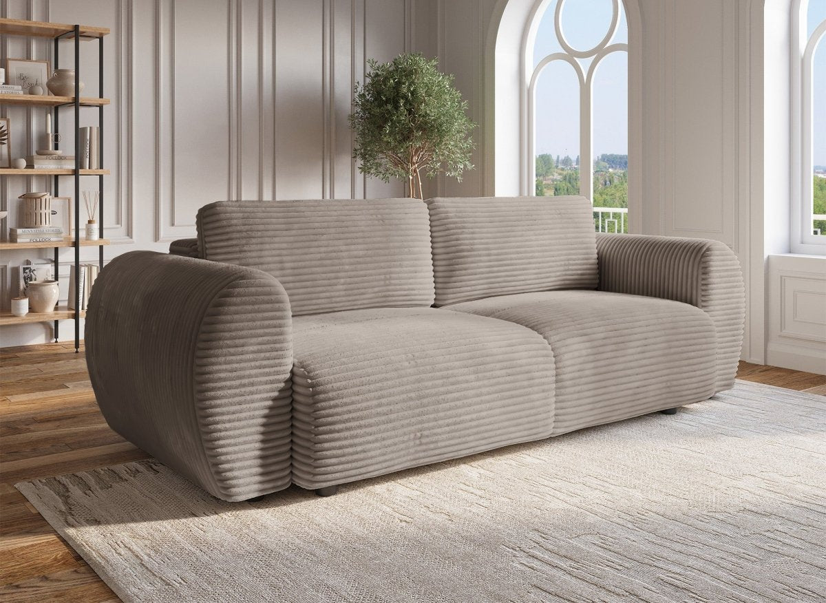 Canapé convertible 3 places avec coffre en gros côtelé doux taupe TILDA - DécoInParis