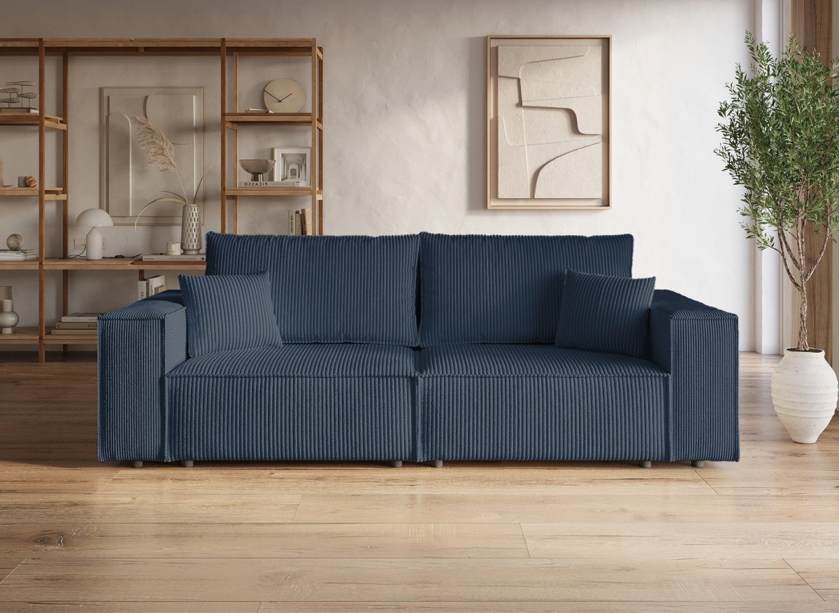 Canapé convertible 3 places avec coffre en velours bleu JADE - DécoInParis