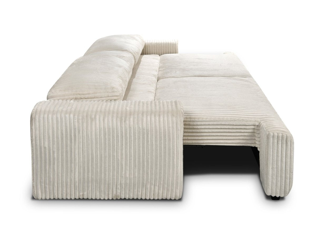 Canapé convertible 3 places avec coffre en velours côtelé épais beige MILO - DécoInParis