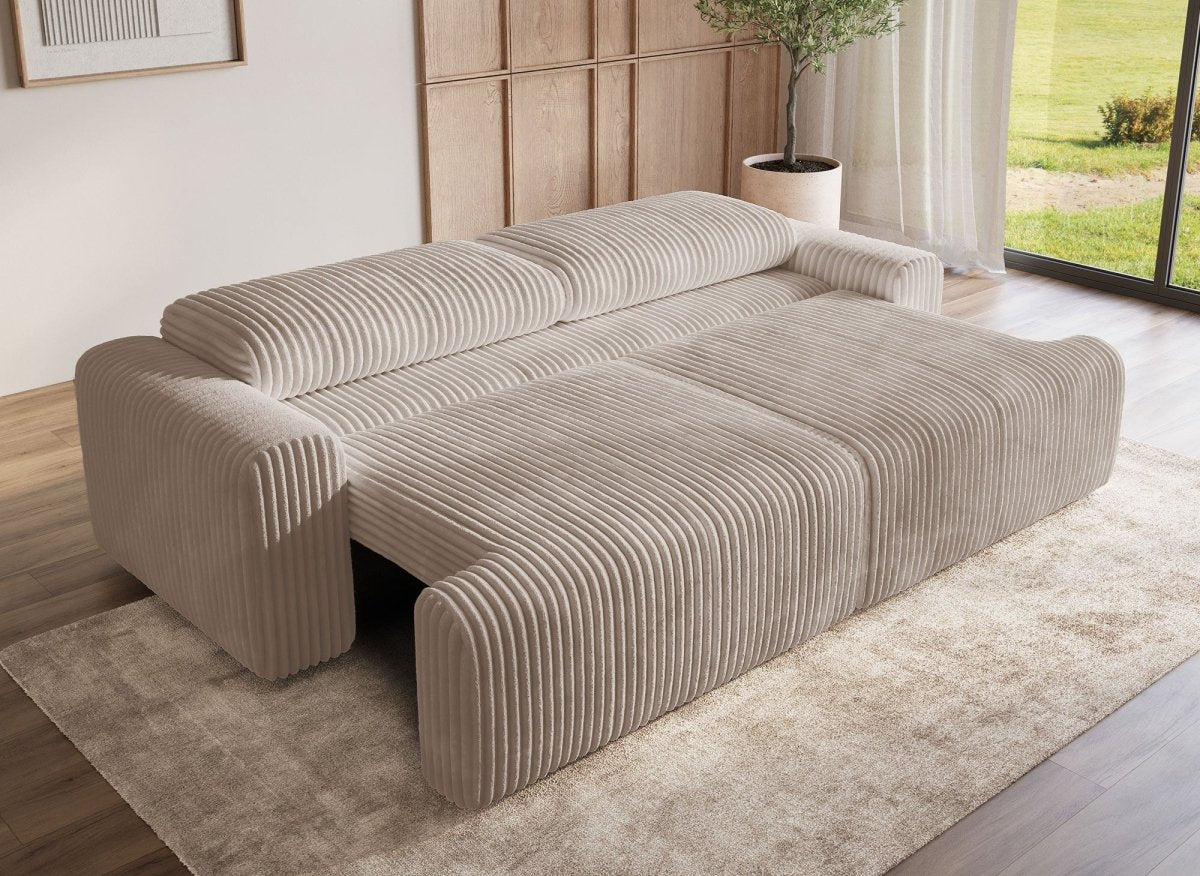 Canapé convertible 3 places avec coffre en velours côtelé épais taupe MILO - DécoInParis