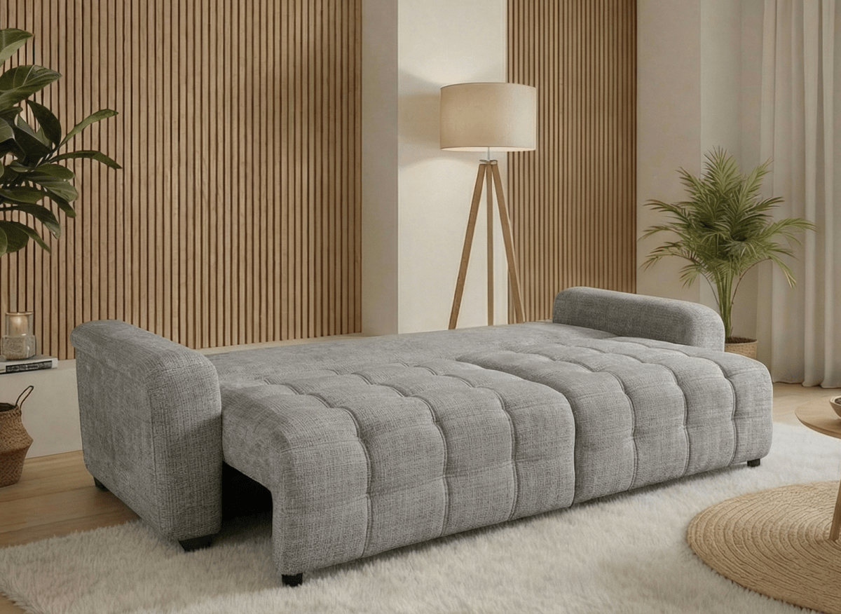 Canapé convertible avec coffre 3 places en velours chiné gris RALYA - DécoInParis