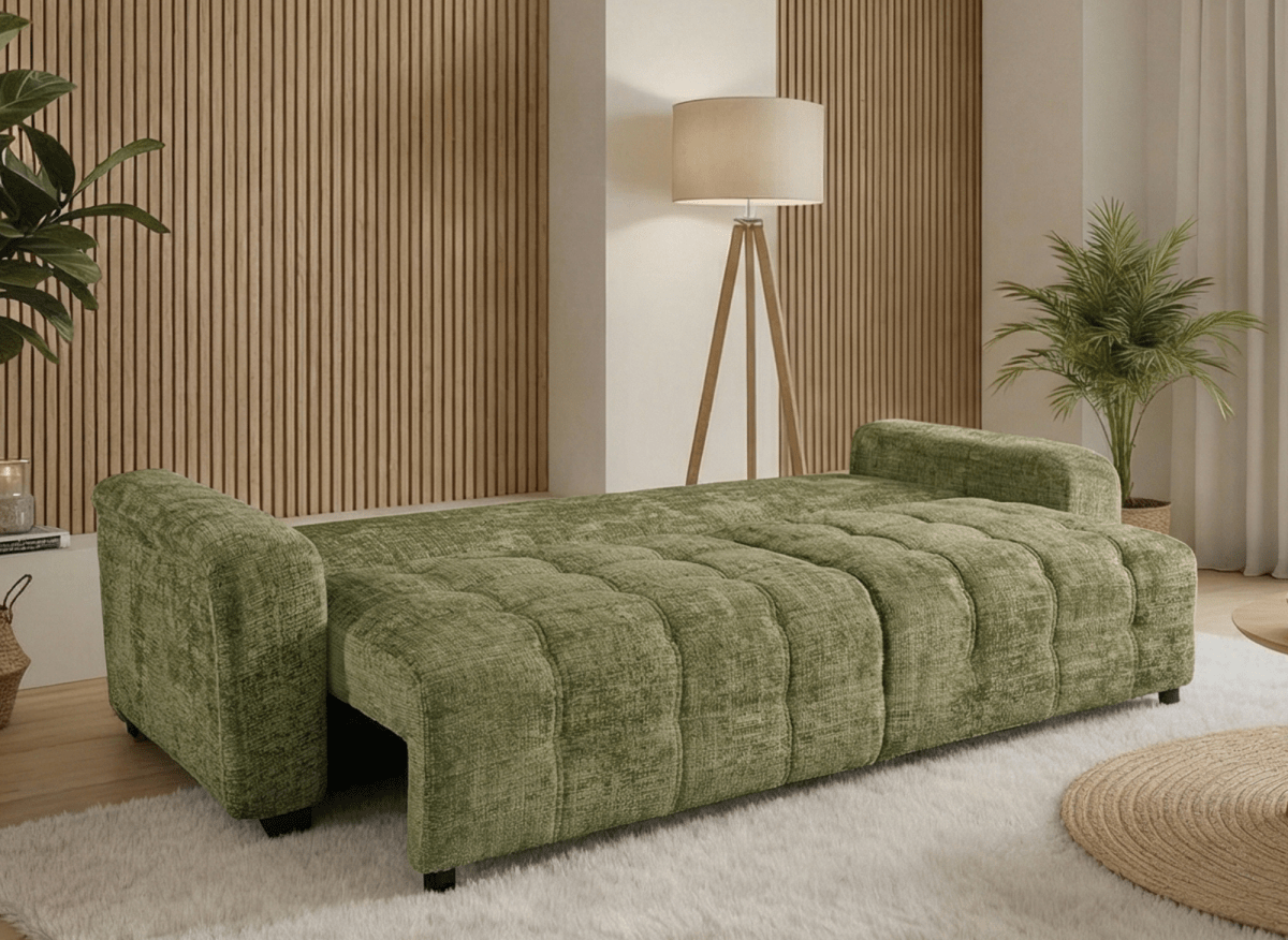 Canapé convertible avec coffre 3 places en velours chiné vert olive RALYA - DécoInParis