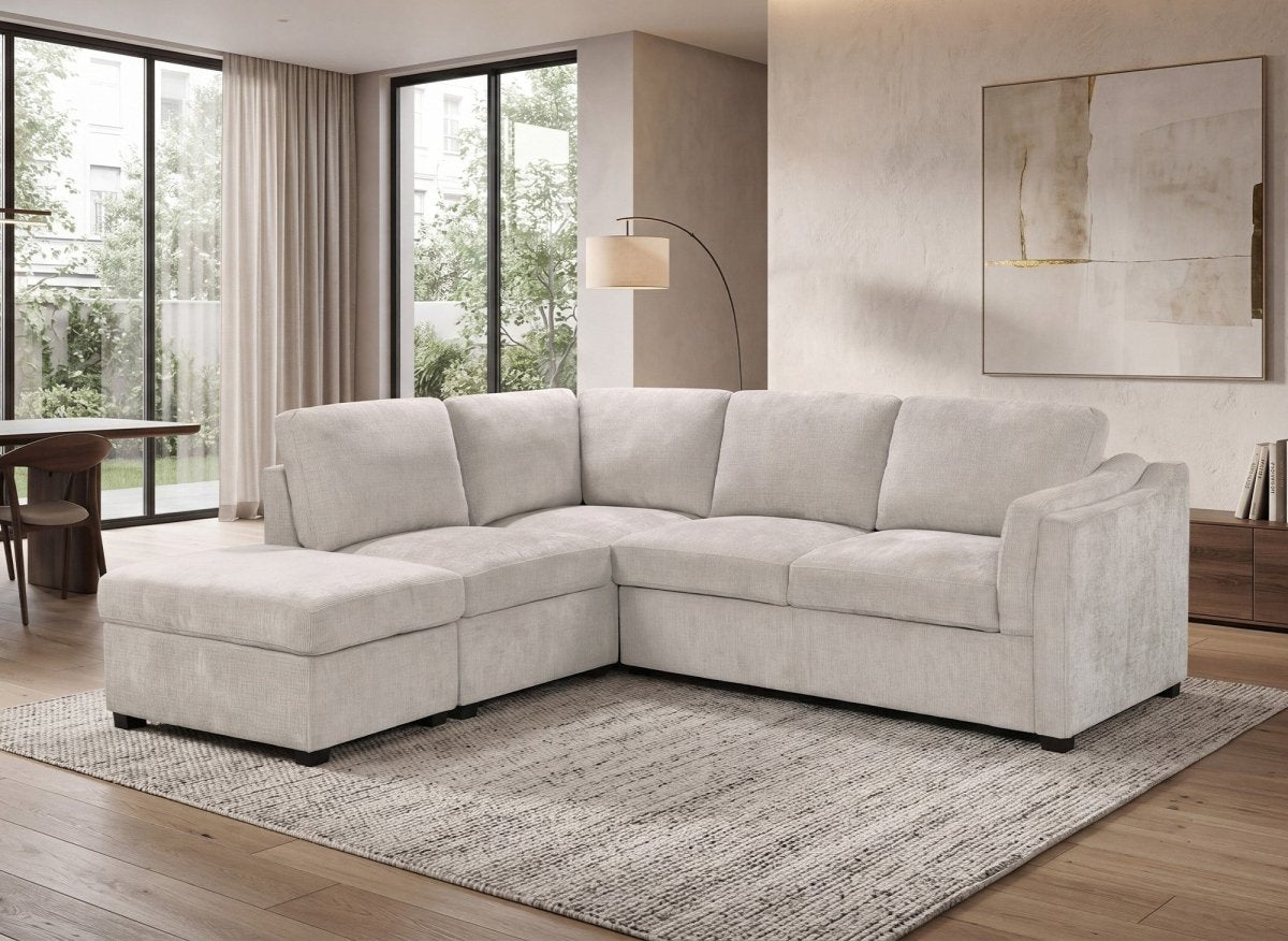 Canapé convertible avec coffre en velours chiné beige BARNEY - Angle gauche - DécoInParis