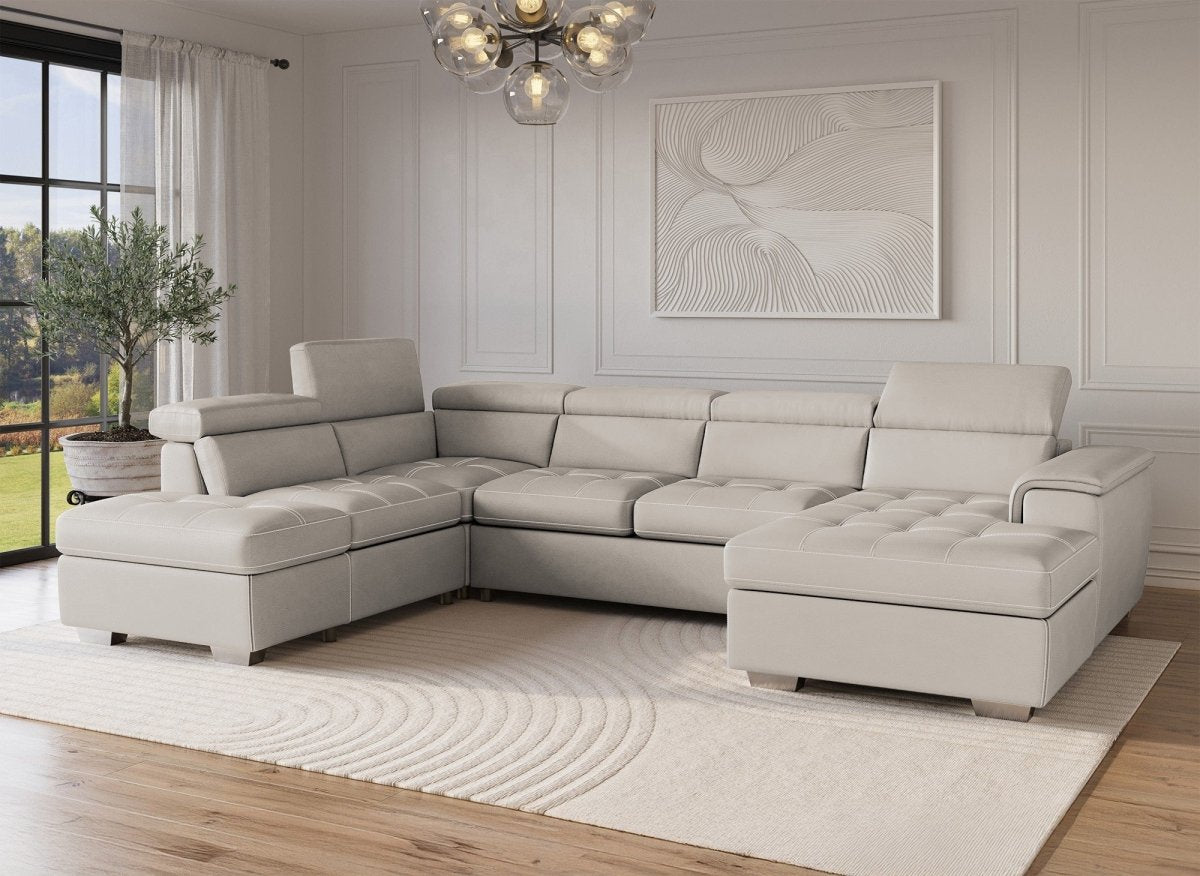 Canapé convertible et panoramique avec coffre de rangement en tissu beige OLIVER - Angle Droit - DécoInParis