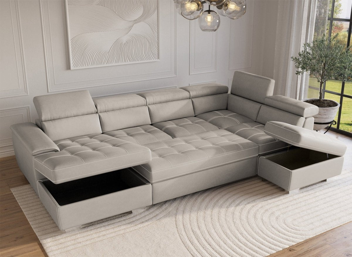 Canapé convertible et panoramique avec coffre de rangement en tissu beige OLIVER - Angle Gauche - DécoInParis