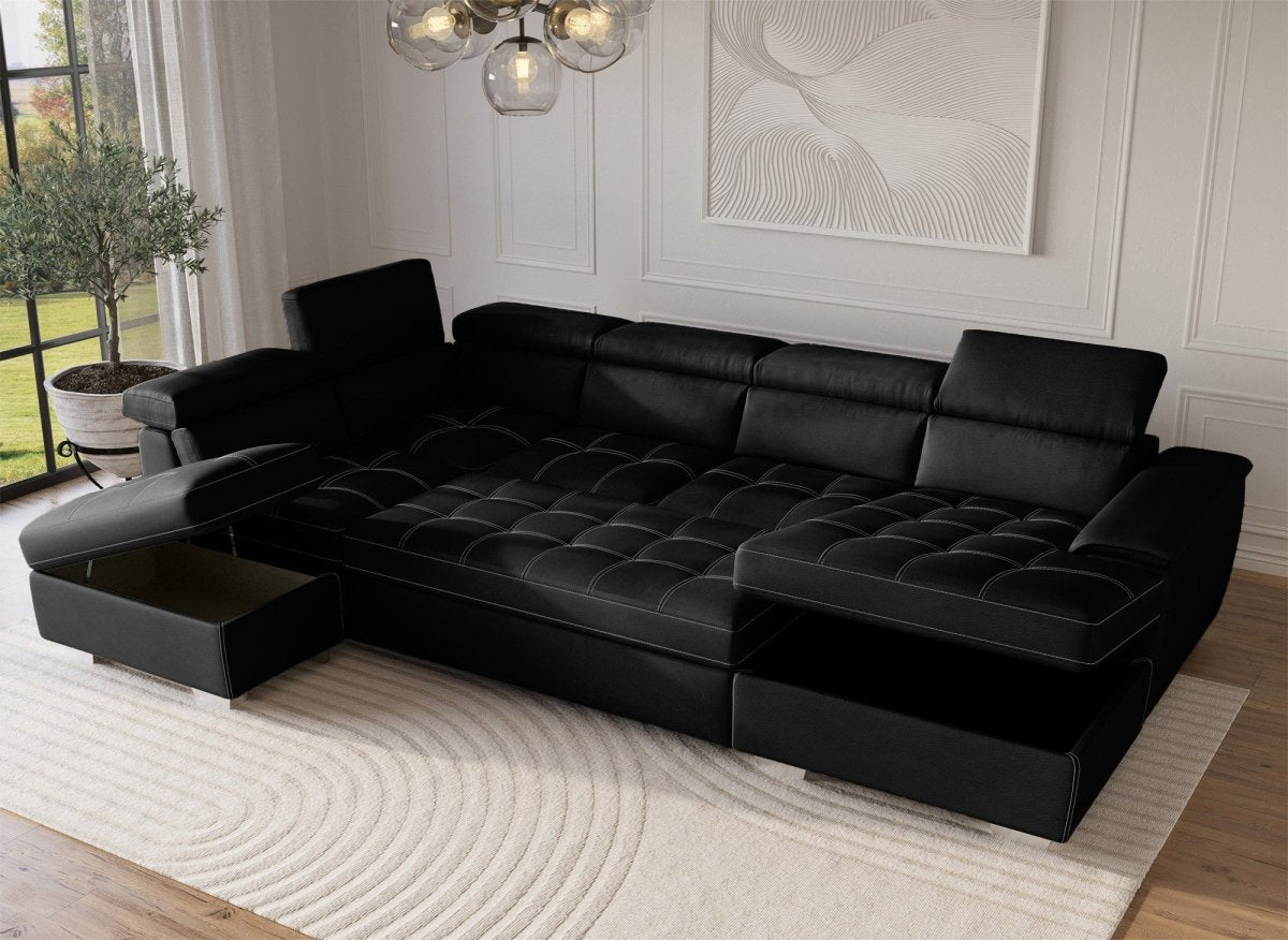 Canapé convertible et panoramique avec coffre de rangement en tissu noir OLIVER - Angle Droit - DécoInParis