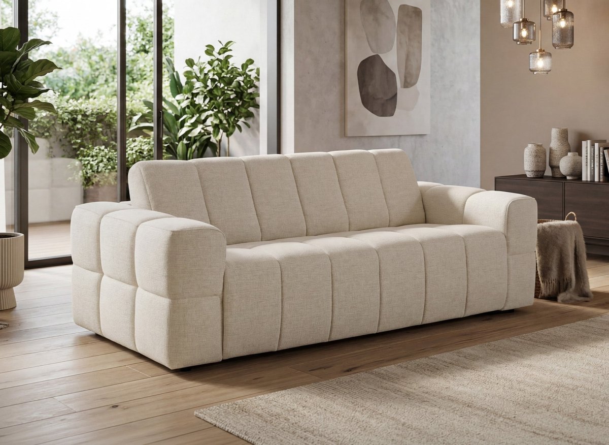Canapé convertible express 3 places en velours texturé beige BASILE - DécoInParis