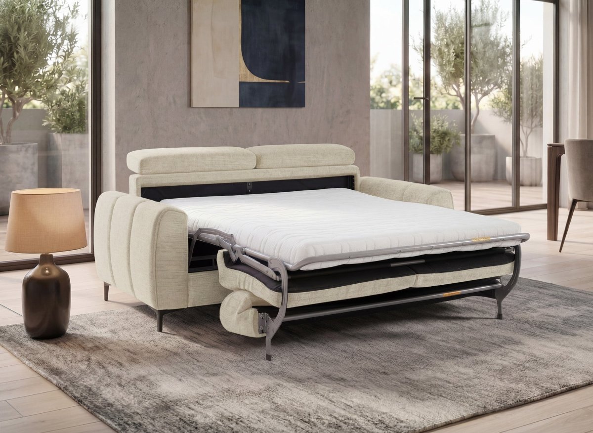Canapé convertible express 3 places en velours texturé beige CALEB - DécoInParis