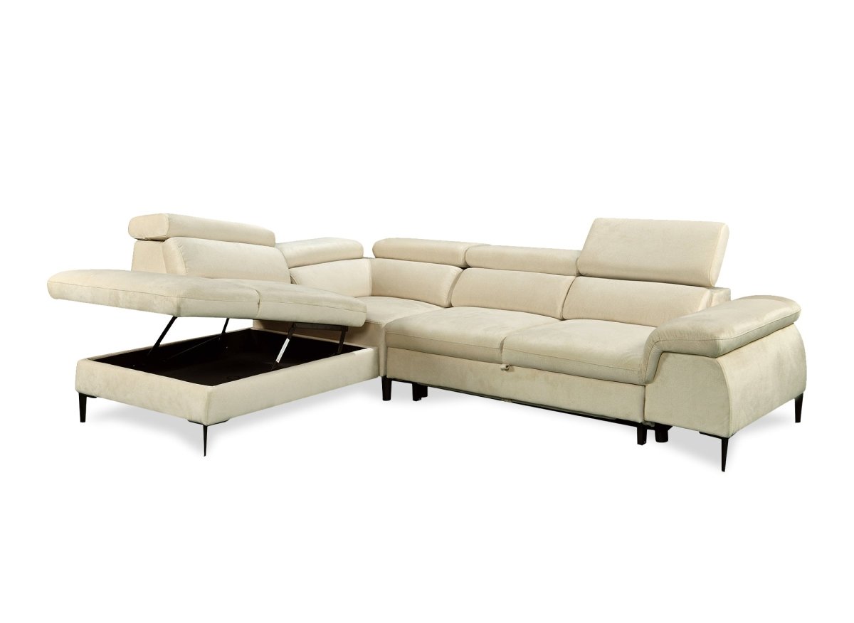 Canapé d'angle convertible avec coffre de rangement en velours beige SWAN - Angle gauche - DécoInParis