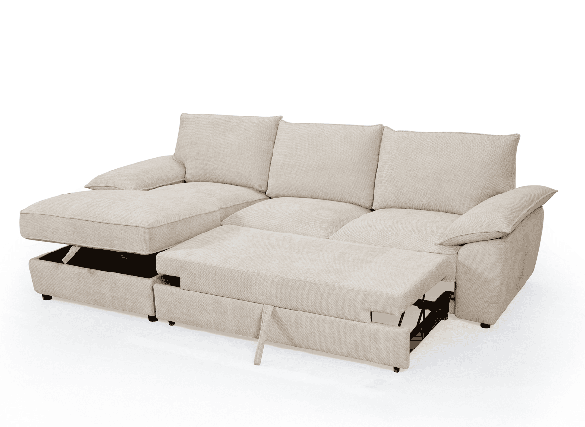 Canapé d'angle convertible avec coffre de rangement en velours chiné beige GABIN - Angle gauche - DécoInParis